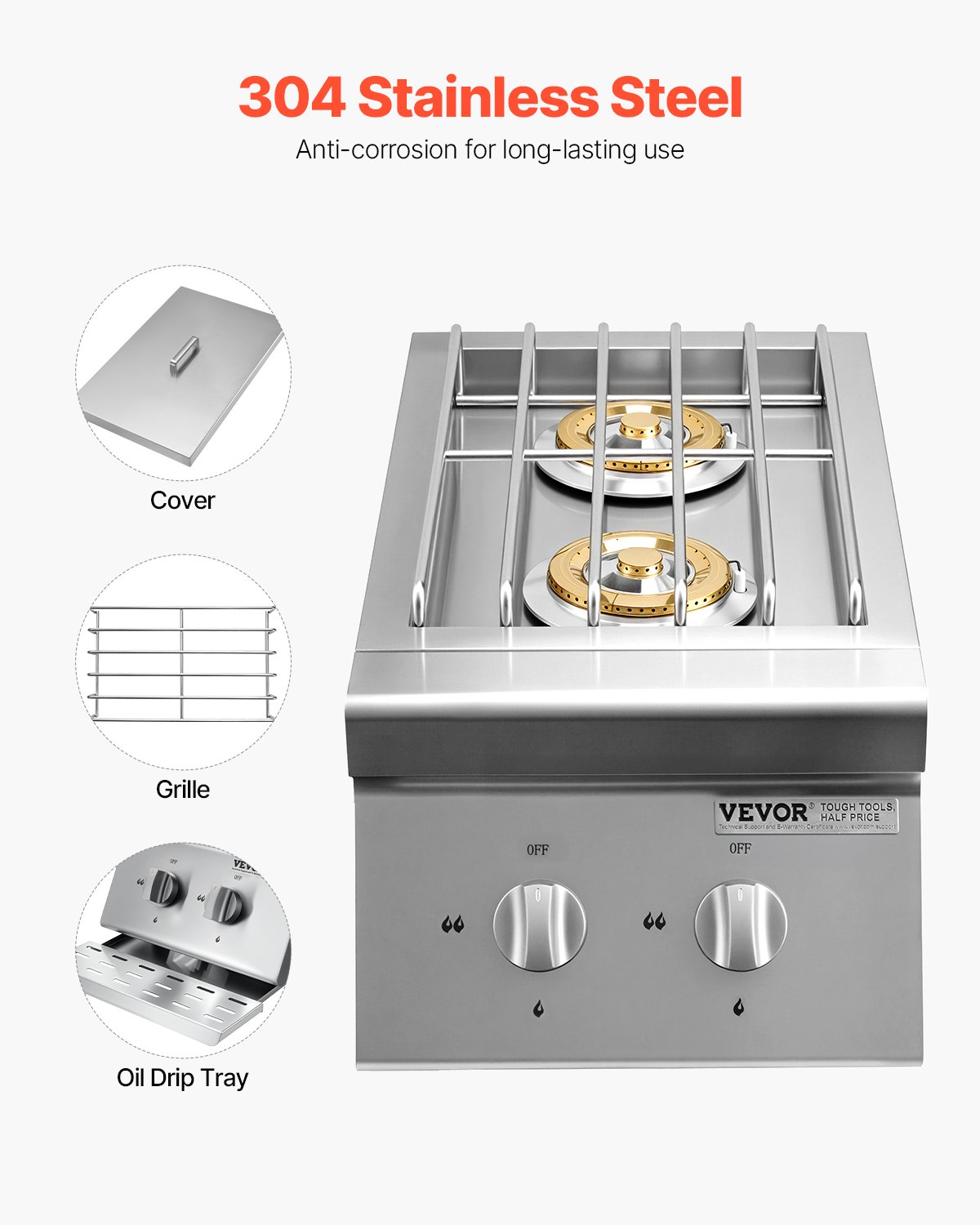 VEVOR Double Grilling Side Burners, 2 x 15,000BTU Liquid Propane Side Burner for Outdoor Kitchen, Convertible to Natural Gas, 304 Stainless Steel Built-in Double Grill Burners for BBQ Grill Island