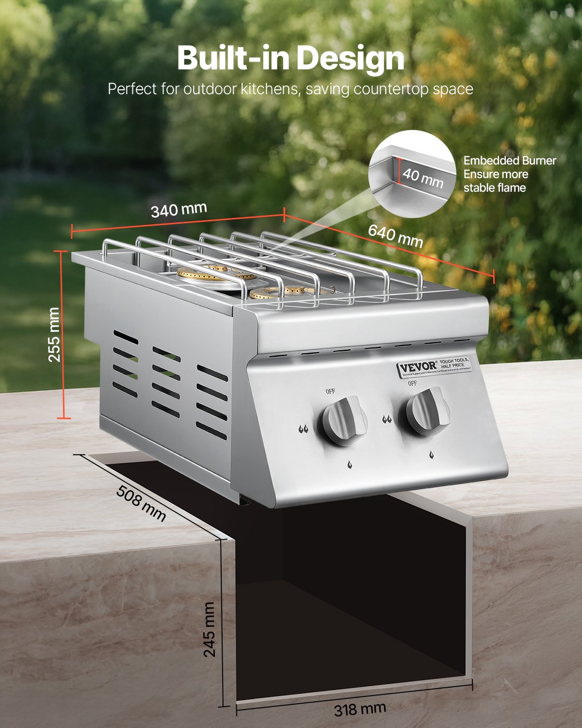 VEVOR Double Grilling Side Burners, 2 x 15,000BTU Liquid Propane Side Burner for Outdoor Kitchen, Convertible to Natural Gas, 304 Stainless Steel Built-in Double Grill Burners for BBQ Grill Island