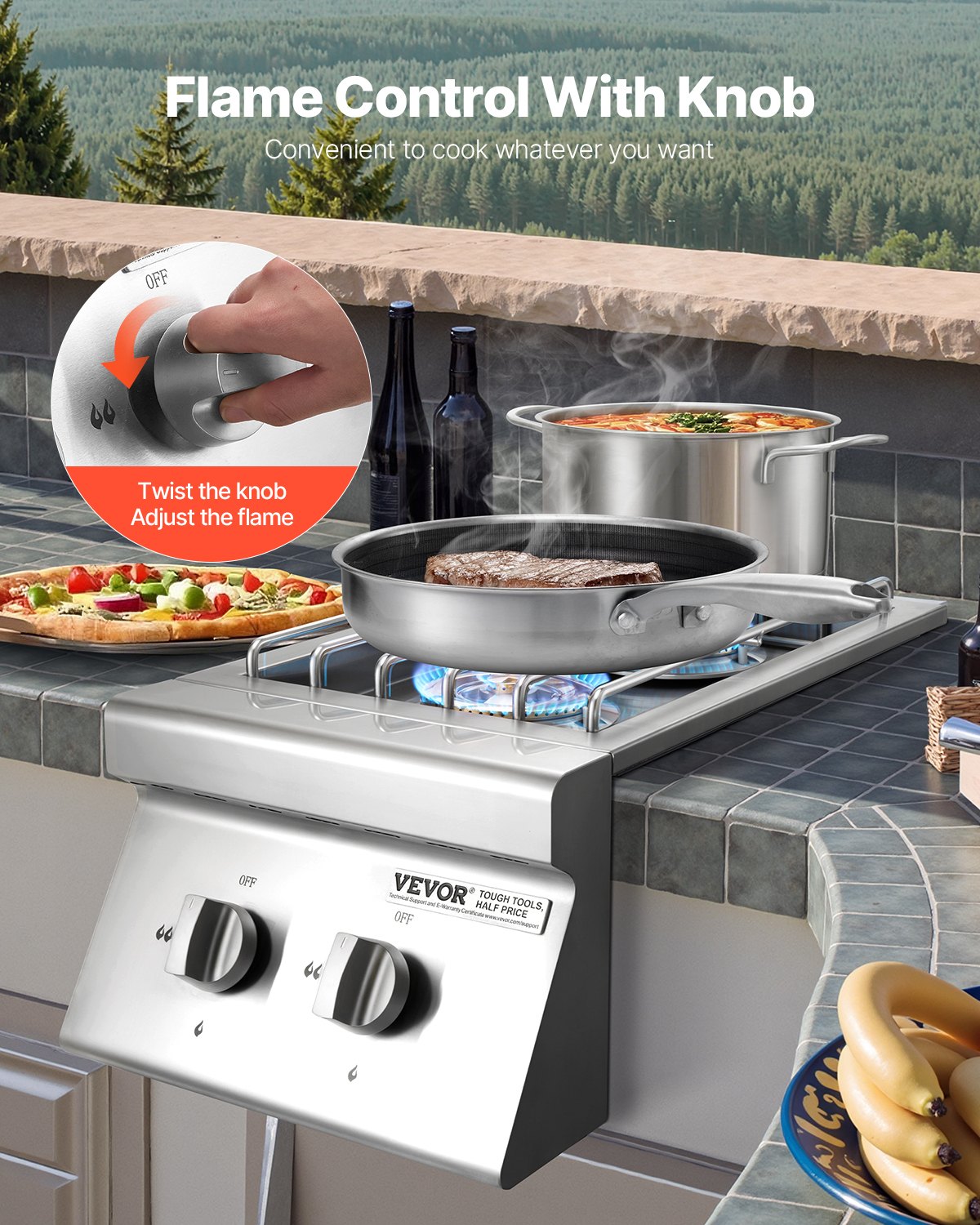 VEVOR Double Grilling Side Burners, 2 x 15,000BTU Liquid Propane Side Burner for Outdoor Kitchen, Convertible to Natural Gas, 304 Stainless Steel Built-in Double Grill Burners for BBQ Grill Island