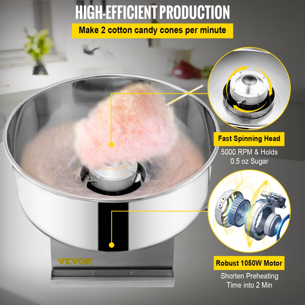 VEVOR Electric Cotton Candy Machine, 19.7-inch Cotton Candy Maker, 1050W Candy Floss Maker, Silver Commercial Cotton Candy Machine with Stainless Steel Bowl and Sugar Scoop, Perfect for Family Party