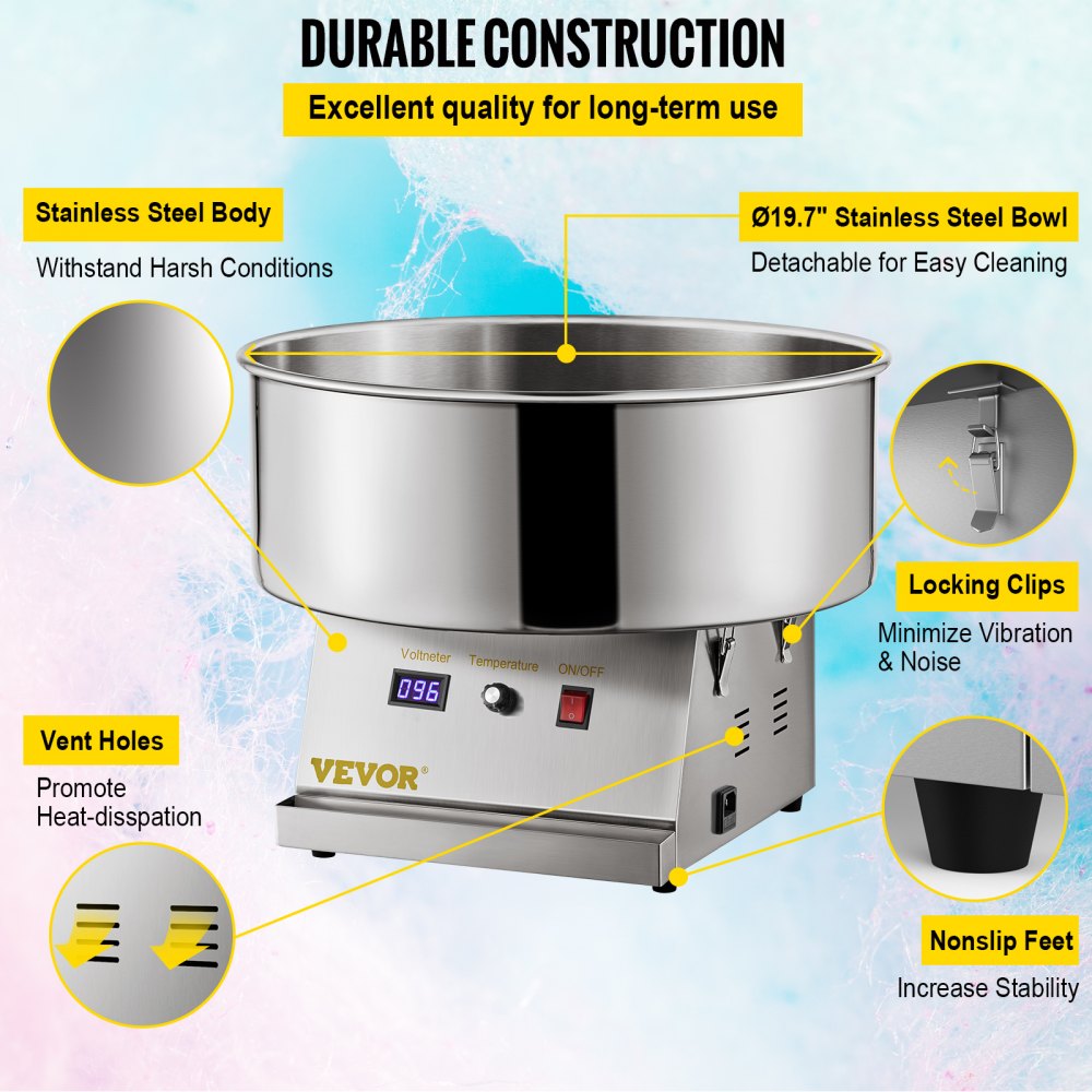 VEVOR Electric Cotton Candy Machine, 19.7-inch Cotton Candy Maker, 1050W Candy Floss Maker, Silver Commercial Cotton Candy Machine with Stainless Steel Bowl and Sugar Scoop, Perfect for Family Party