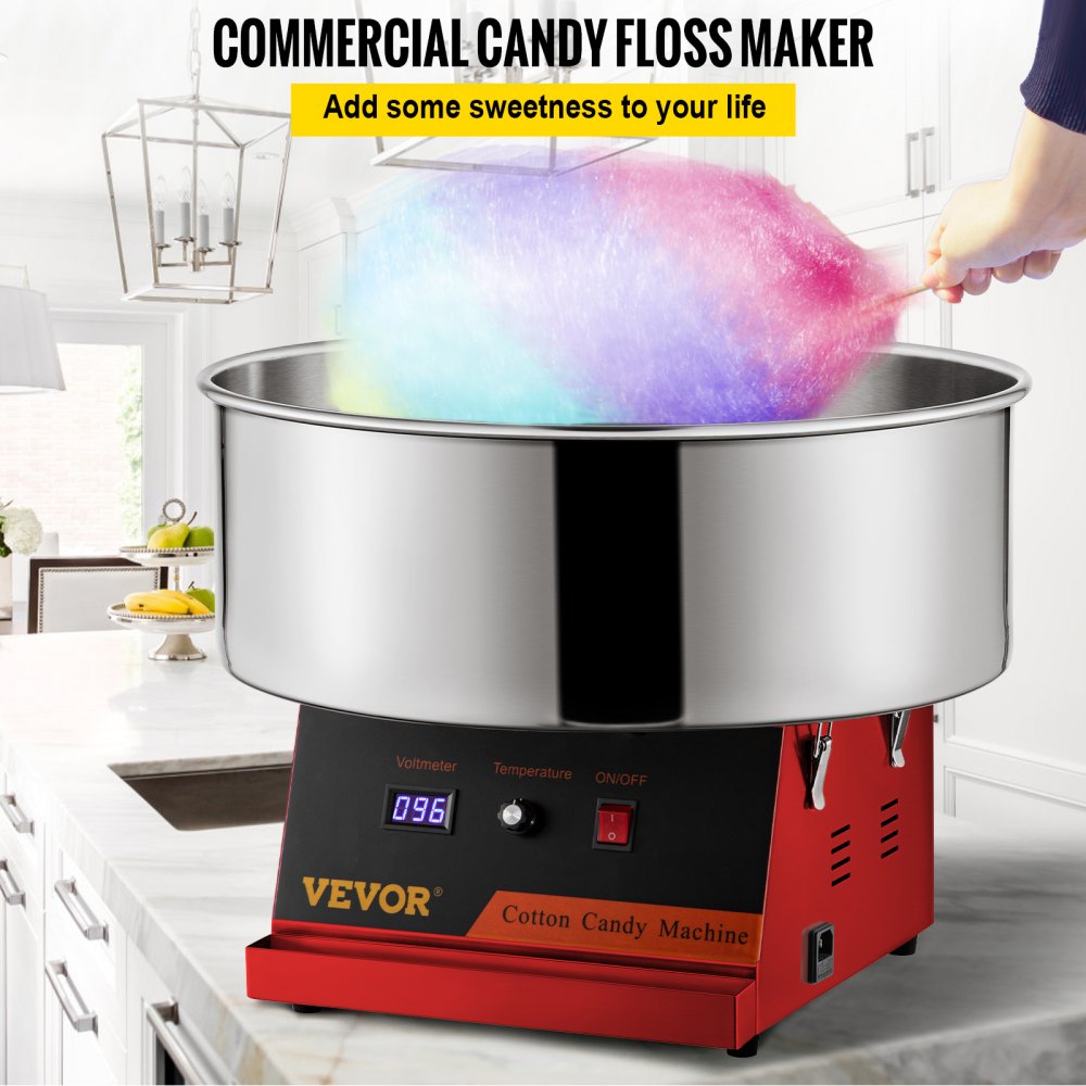 VEVOR Electric Cotton Candy Machine, 19.7-inch Cotton Candy Maker, 1050W Candy Floss Maker, Red Commercial Cotton Candy Machine with Stainless Steel Bowl and Sugar Scoop, Perfect for Family Party