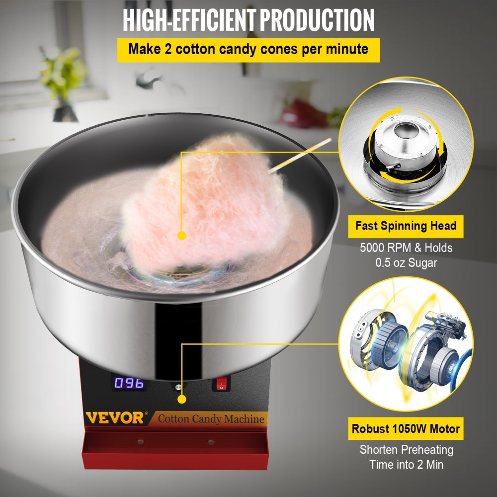 VEVOR Electric Cotton Candy Machine, 19.7-inch Cotton Candy Maker, 1050W Candy Floss Maker, Red Commercial Cotton Candy Machine with Stainless Steel Bowl and Sugar Scoop, Perfect for Family Party