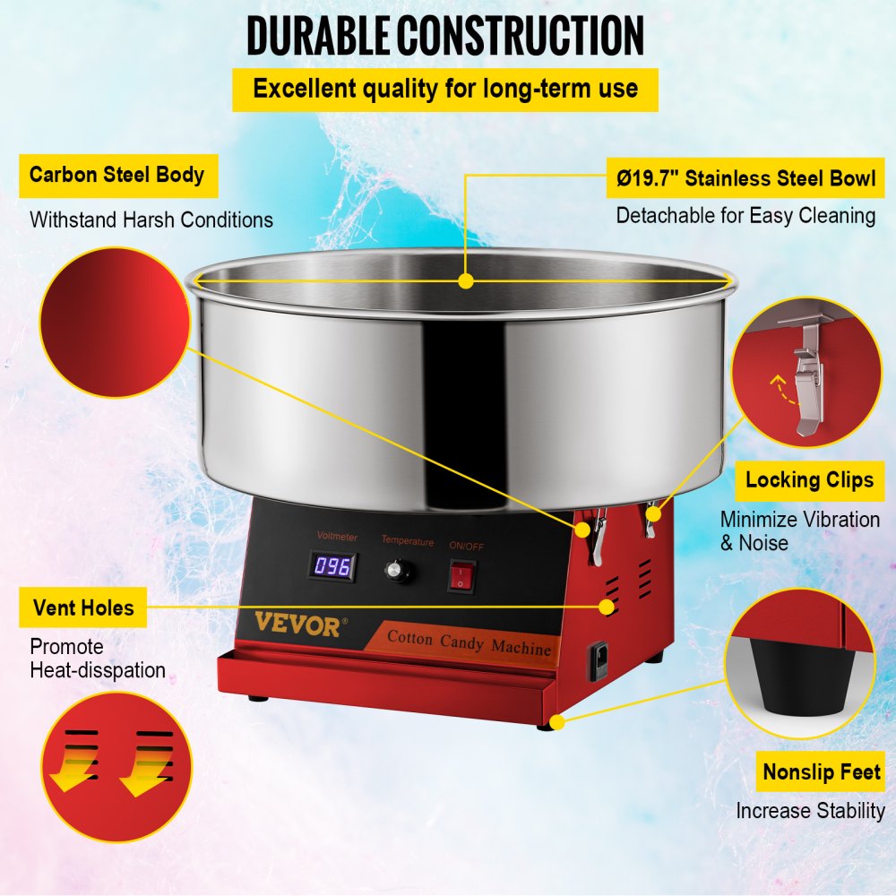 VEVOR Electric Cotton Candy Machine, 19.7-inch Cotton Candy Maker, 1050W Candy Floss Maker, Red Commercial Cotton Candy Machine with Stainless Steel Bowl and Sugar Scoop, Perfect for Family Party