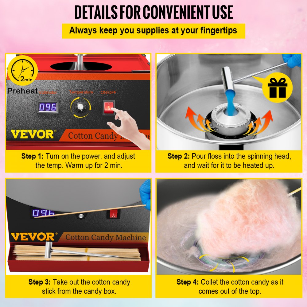VEVOR Electric Cotton Candy Machine, 19.7-inch Cotton Candy Maker, 1050W Candy Floss Maker, Red Commercial Cotton Candy Machine with Stainless Steel Bowl and Sugar Scoop, Perfect for Family Party
