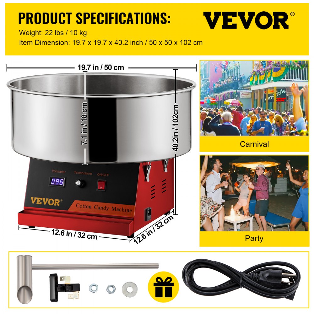 VEVOR Electric Cotton Candy Machine, 19.7-inch Cotton Candy Maker, 1050W Candy Floss Maker, Red Commercial Cotton Candy Machine with Stainless Steel Bowl and Sugar Scoop, Perfect for Family Party