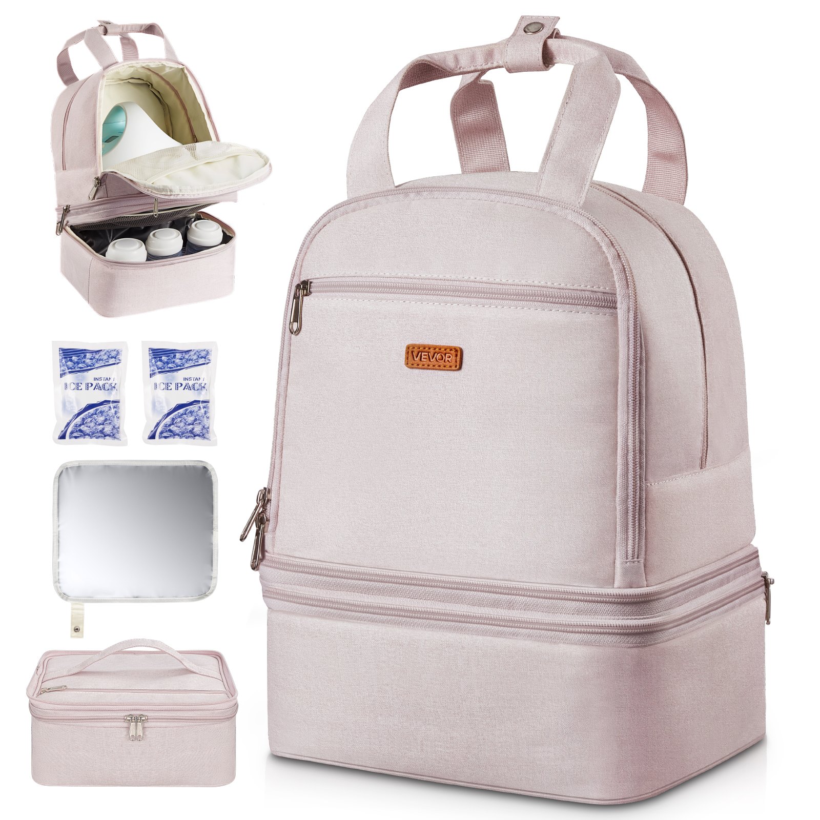 VEVOR Breast Pump Backpack, Breast Feeding Bag with Ice Pack, Fits for S1/S2, Pumping Accessories & Breastmilk Storage, Portable Pump Carrying Case for Work, Travel and Family Use, Light Pink