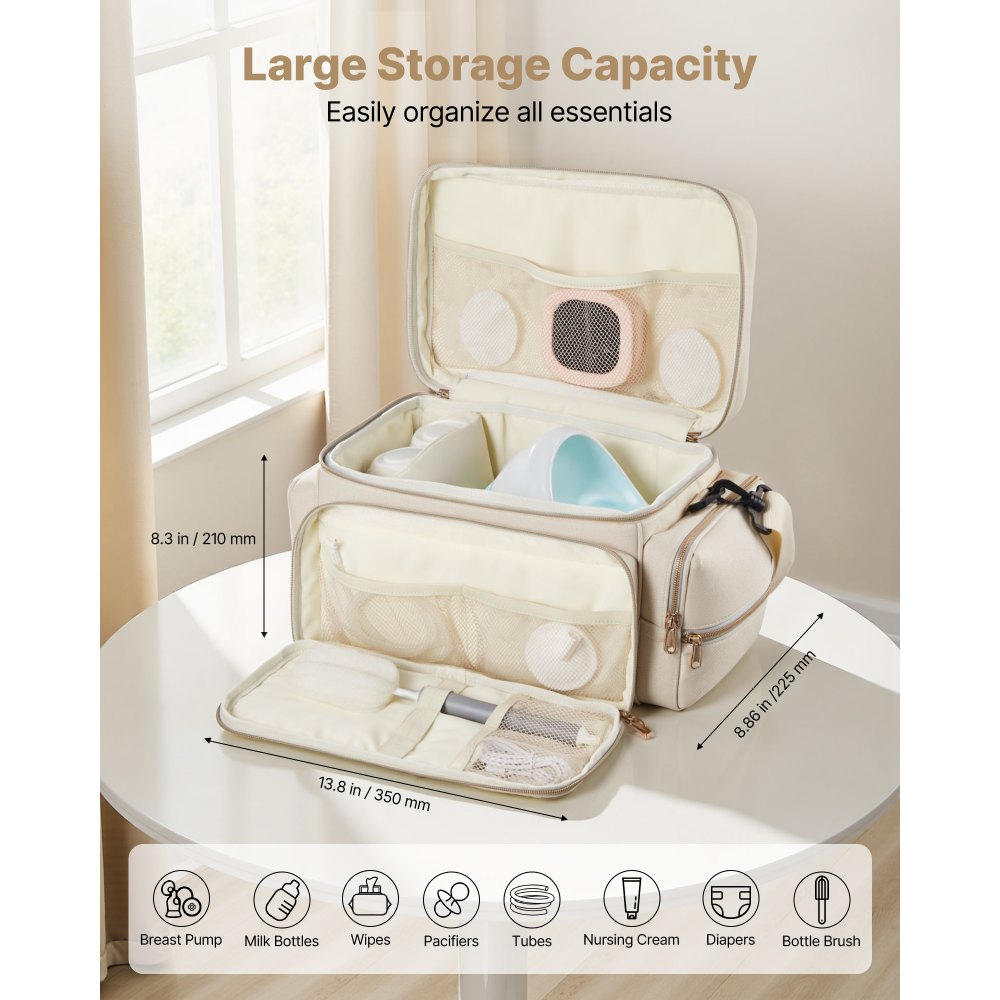 VEVOR Breast Pump Bag, Breast Feeding Bag with Waterproof Mat, Fits for S1/S2, Pumping Accessories & Breastmilk Storage, Portable Pump Carrying Case for Work, Travel and Family Use, Beige