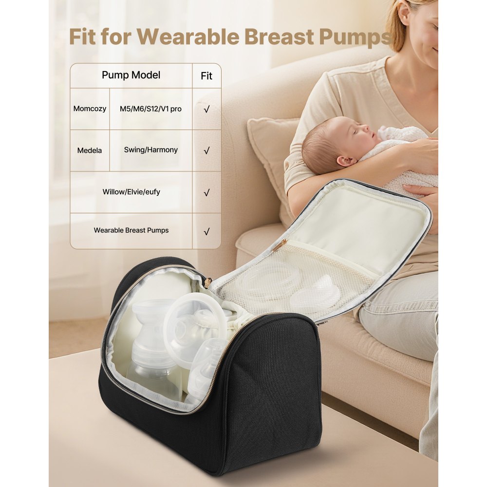 VEVOR Wearable Breast Pump Bag, Breast Feeding Bag with Waterproof Mat, Fits for M5/M6, Pumping Accessories & Breastmilk Storage, Portable Pump Carrying Case for Work, Travel & Family Use, Black