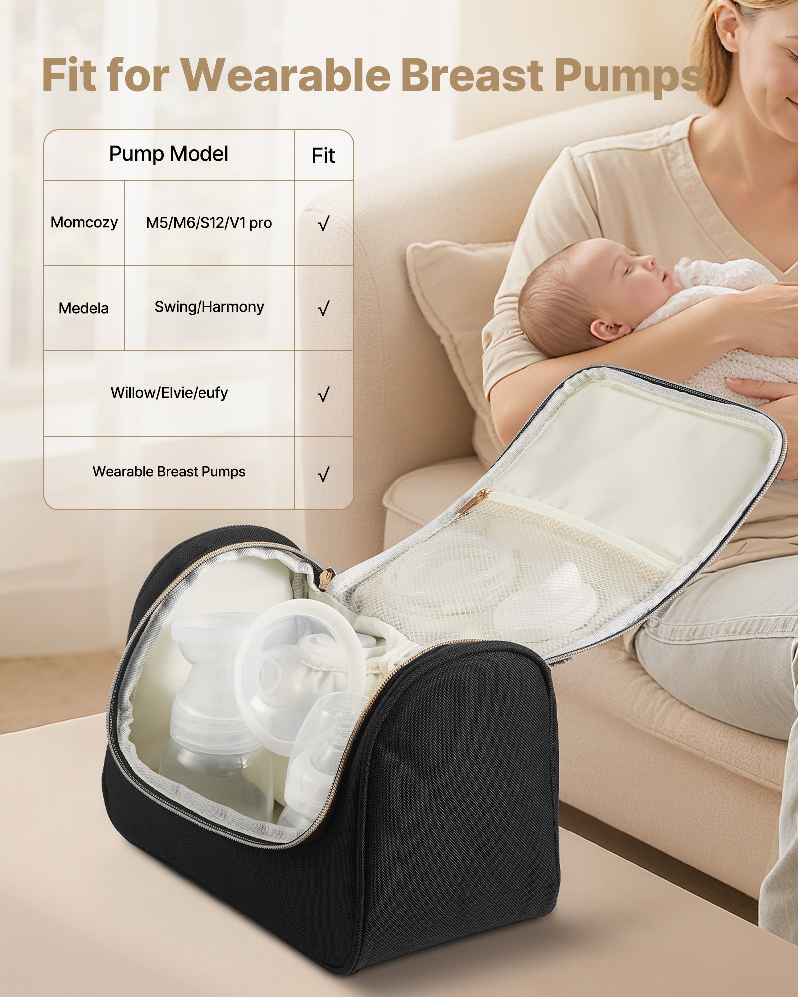 VEVOR Wearable Breast Pump Bag, Breast Feeding Bag with Waterproof Mat, Fits for M5/M6, Pumping Accessories & Breastmilk Storage, Portable Pump Carrying Case for Work, Travel & Family Use, Black