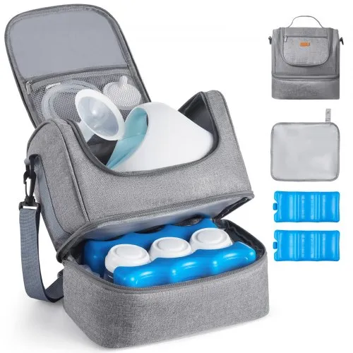 VEVOR Breast Pump Bag, Breast Feeding Bag with Ice Pack, Fits for S1/S2, Pumping Accessories & Breastmilk Storage, Portable Pump Carrying Case for Work, Travel and Family Use, Grey