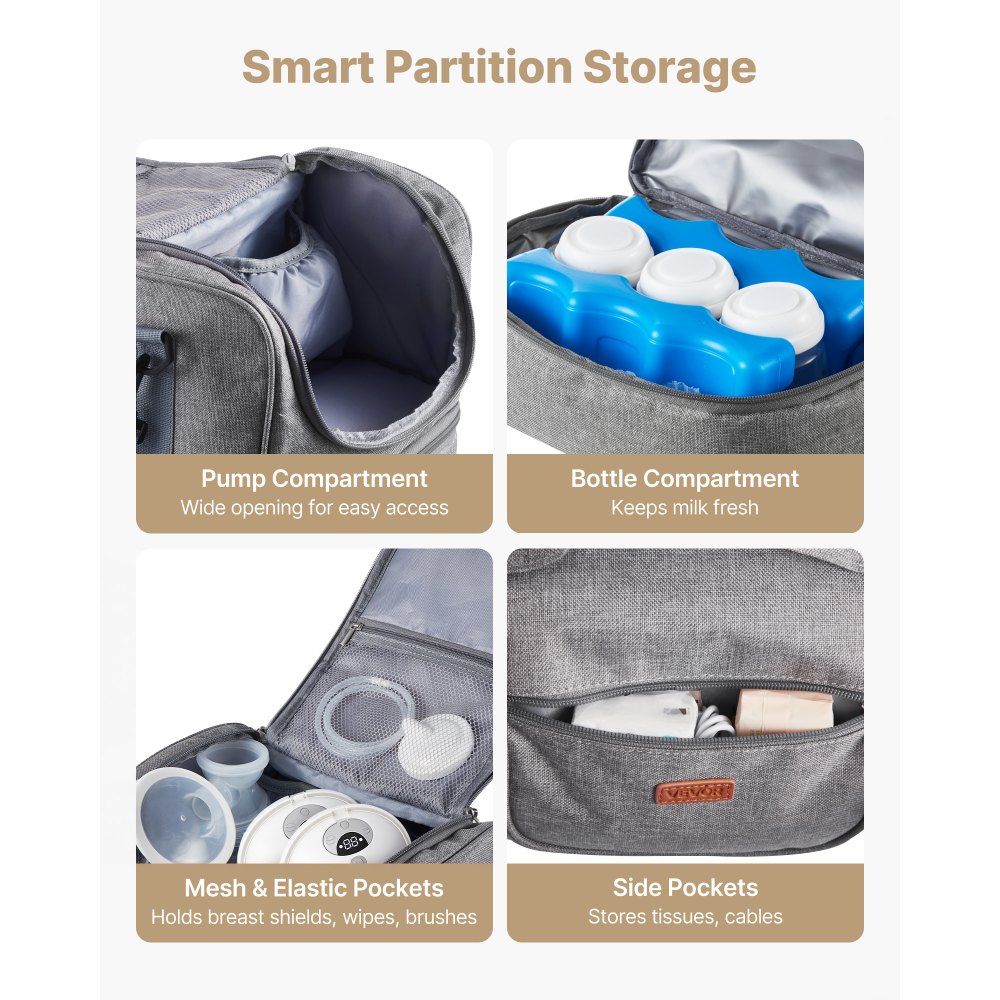 VEVOR Breast Pump Bag, Breast Feeding Bag with Ice Pack, Fits for S1/S2, Pumping Accessories & Breastmilk Storage, Portable Pump Carrying Case for Work, Travel and Family Use, Grey
