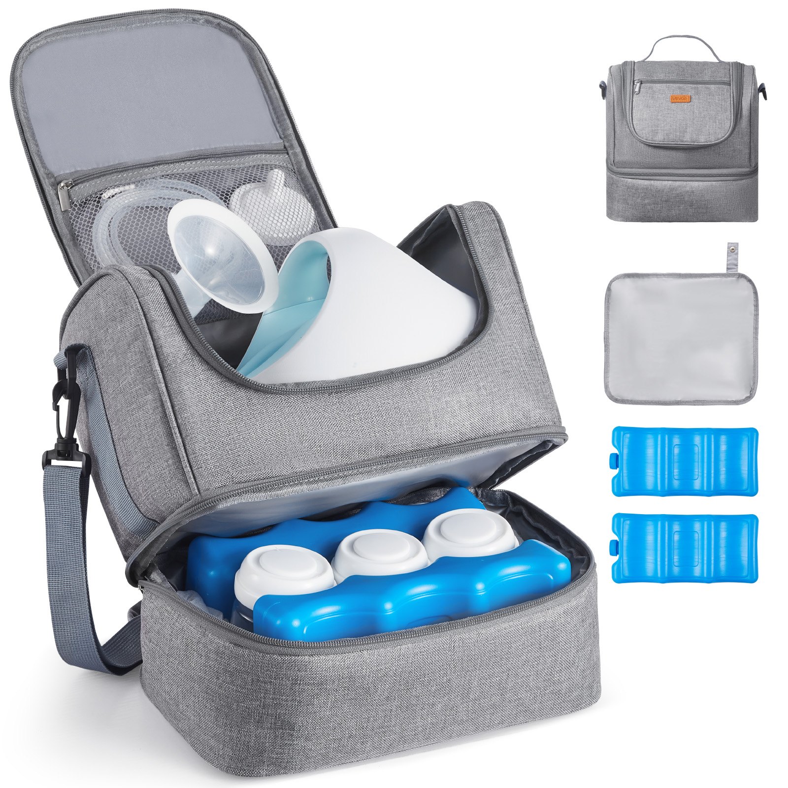 VEVOR Breast Pump Bag, Breast Feeding Bag with Ice Pack, Fits for S1/S2, Pumping Accessories & Breastmilk Storage, Portable Pump Carrying Case for Work, Travel and Family Use, Grey