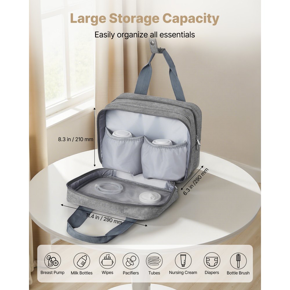 VEVOR Wearable Breast Pump Bag, Breast Feeding Bag with Ice Pack, Fits for M5/M6, Pumping Accessories & Breastmilk Storage, Portable Pump Carrying Case for Work, Travel & Family Use, Grey