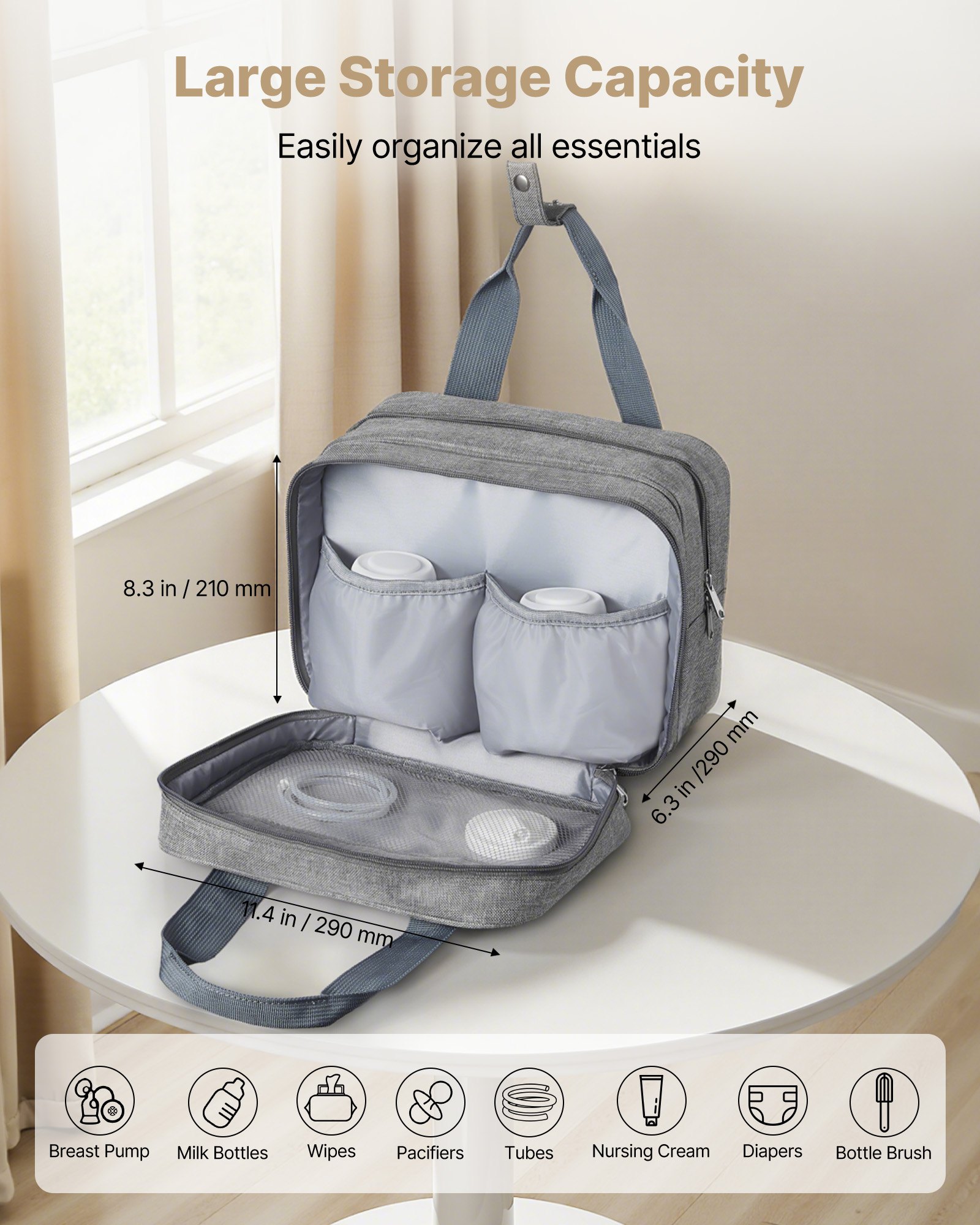 VEVOR Wearable Breast Pump Bag, Breast Feeding Bag with Ice Pack, Fits for M5/M6, Pumping Accessories & Breastmilk Storage, Portable Pump Carrying Case for Work, Travel & Family Use, Grey