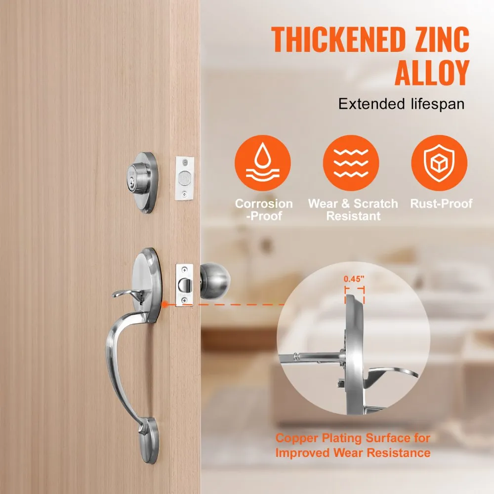 VEVOR front door handle set on wooden door showcasing corrosion-proof, wear-resistant, and rust-proof features.