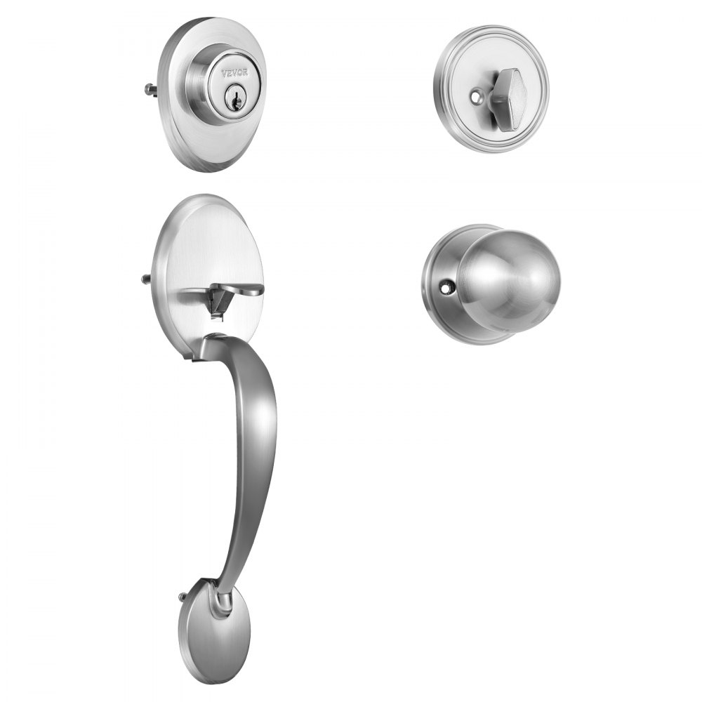 VEVOR Ensemble de poignée de porte d'entrée et de pêne dormant, ensemble de serrure de porte avant en nickel satiné avec bouton intérieur, poignée à cylindre unique, espacement des trous réglable, pour entrée et porte d'entrée à droite et à gauche