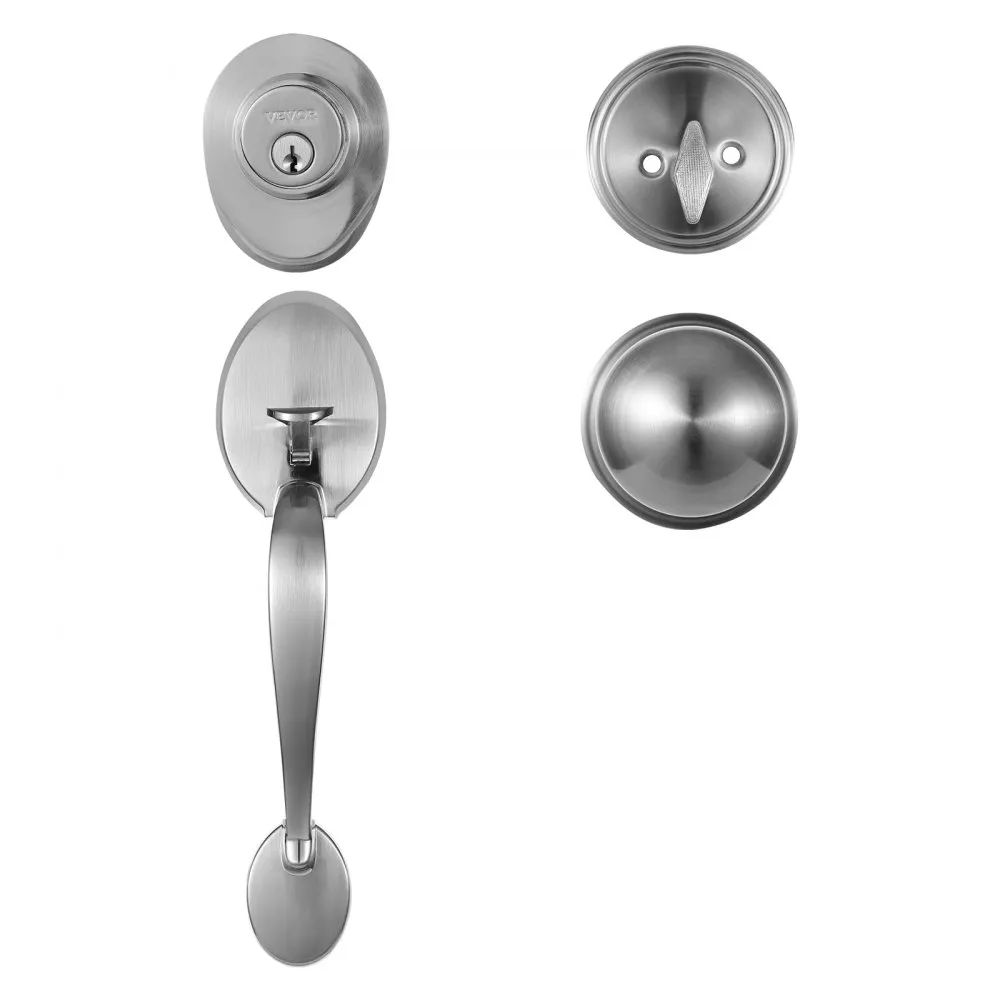 VEVOR front door handle set in brushed nickel finish with a modern lever and round deadbolt.