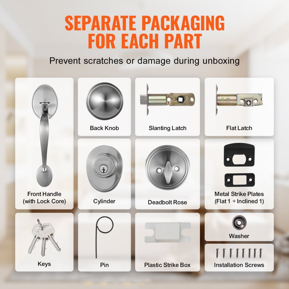 VEVOR Front Door Handle and Deadbolt Set, Satin Nickel Front Door Lock Set with Interior Knob, Adjustable Hole Spacing Single Cylinder Handleset, for Right and Left Handed Entrance and Front Door