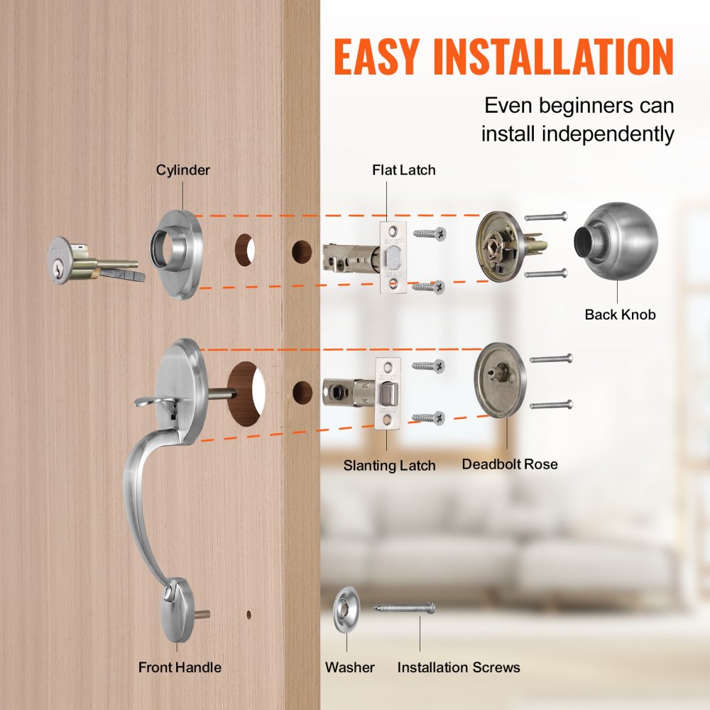 VEVOR Front Door Handle and Deadbolt Set, Satin Nickel Front Door Lock Set with Interior Knob, Adjustable Hole Spacing Single Cylinder Handleset, for Right and Left Handed Entrance and Front Door