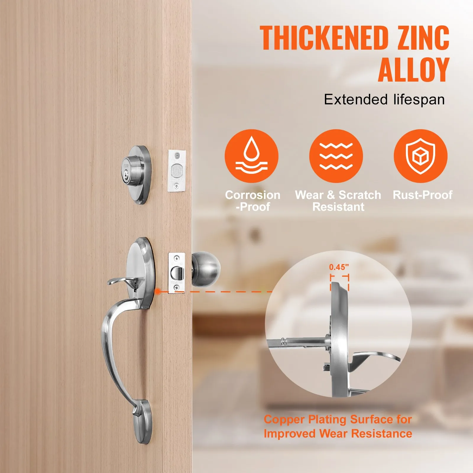 VEVOR front door handle set on wooden door showcasing corrosion-proof, wear-resistant, and rust-proof features.