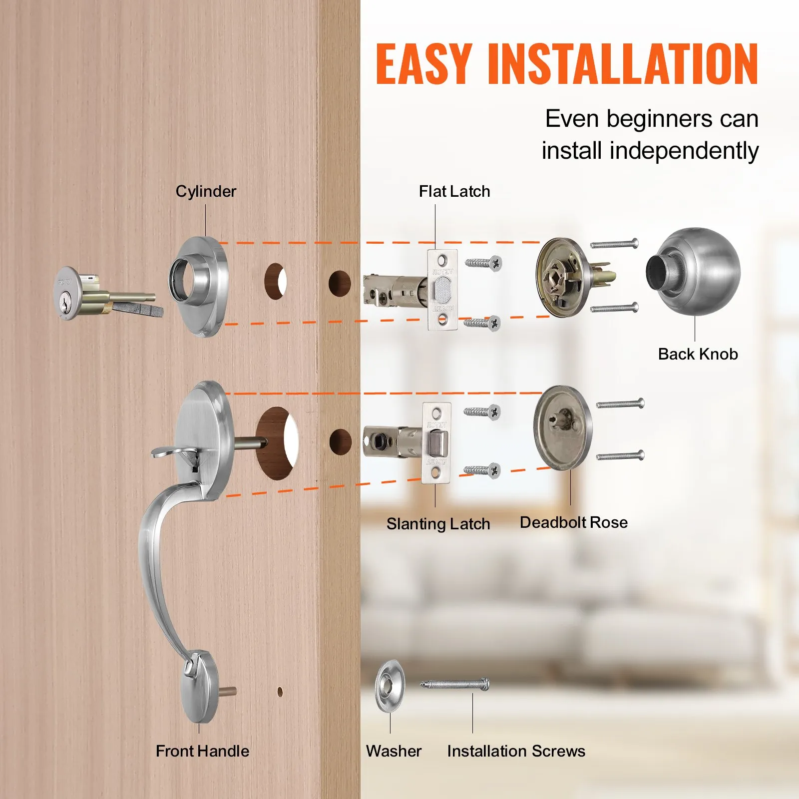 VEVOR front door handle set installation guide with labeled parts: cylinder, latches, knobs, and screws.