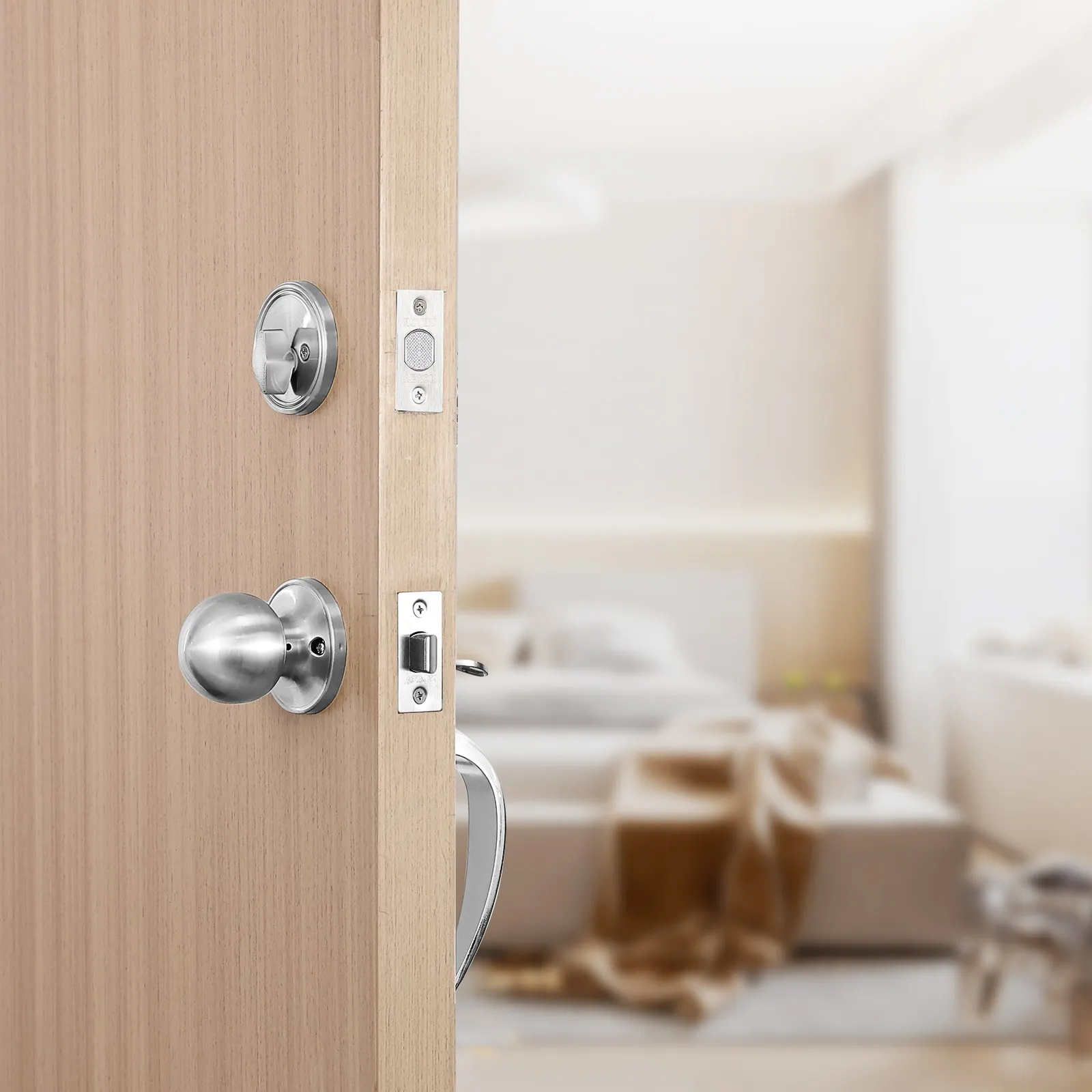 VEVOR front door handle set on a wooden door with a modern living room background.