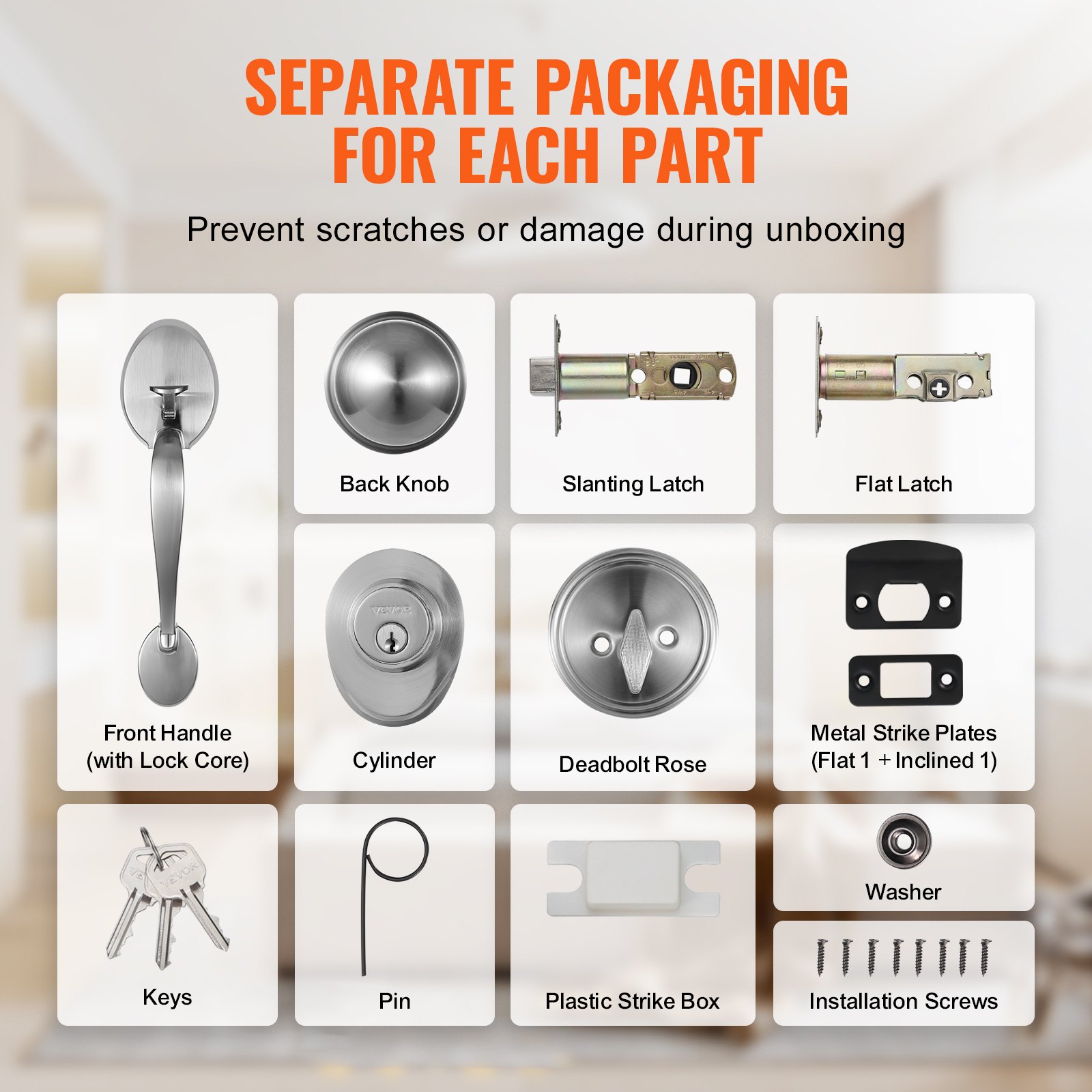 VEVOR Front Door Handle and Deadbolt Set, Satin Nickel Front Door Lock Set with Interior Knob, Adjustable Hole Spacing Single Cylinder Handleset, for Right and Left Handed Entrance and Front Door