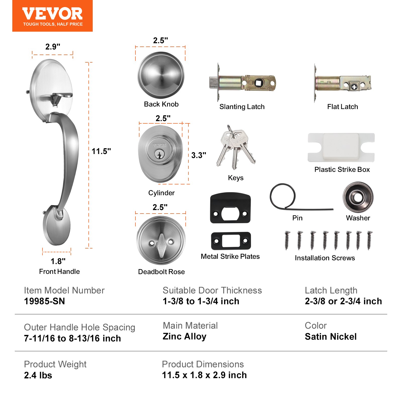 VEVOR Front Door Handle and Deadbolt Set, Satin Nickel Front Door Lock Set with Interior Knob, Adjustable Hole Spacing Single Cylinder Handleset, for Right and Left Handed Entrance and Front Door