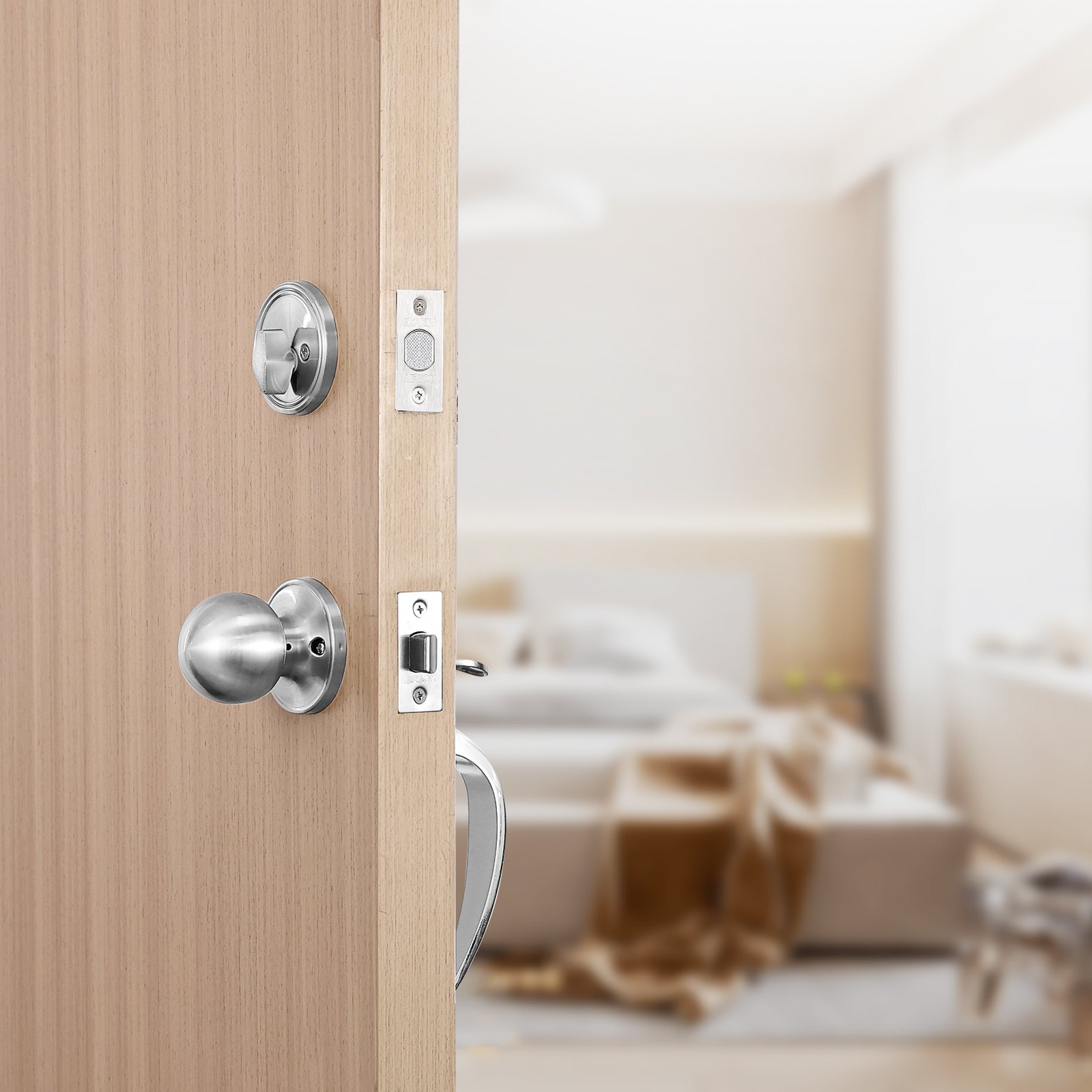 VEVOR Front Door Handle and Deadbolt Set, Satin Nickel Front Door Lock Set with Interior Knob, Adjustable Hole Spacing Single Cylinder Handleset, for Right and Left Handed Entrance and Front Door