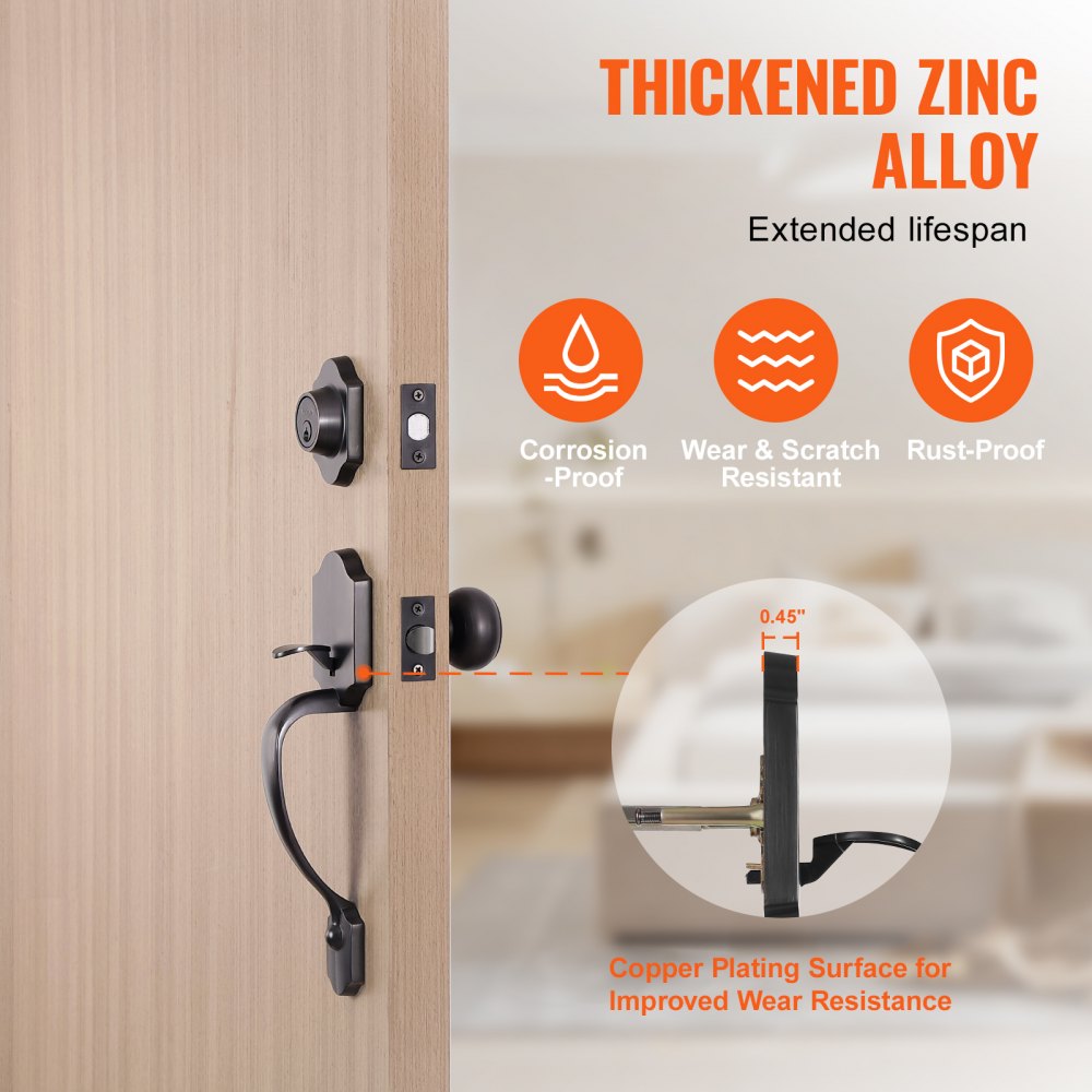 VEVOR Front Door Handle and Deadbolt Set, Front Door Lock Set with Interior Knob, Adjustable Hole Spacing Single Cylinder Handleset, for Right and Left Handed Entrance, Brushed Oil Rubbed Bronze