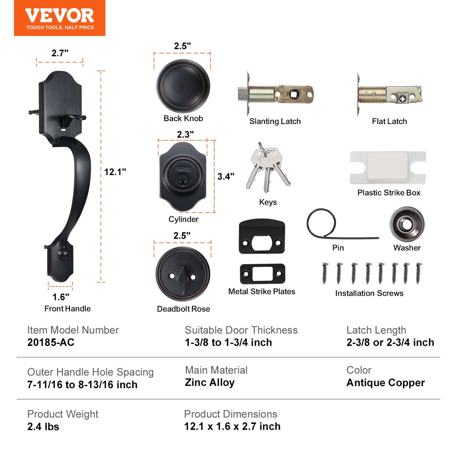 VEVOR Front Door Handle and Deadbolt Set, Antique Copper Front Door Lock Set with Interior Knob, Adjustable Hole Spacing Single Cylinder Handleset, for Right and Left Handed Entrance and Front Door