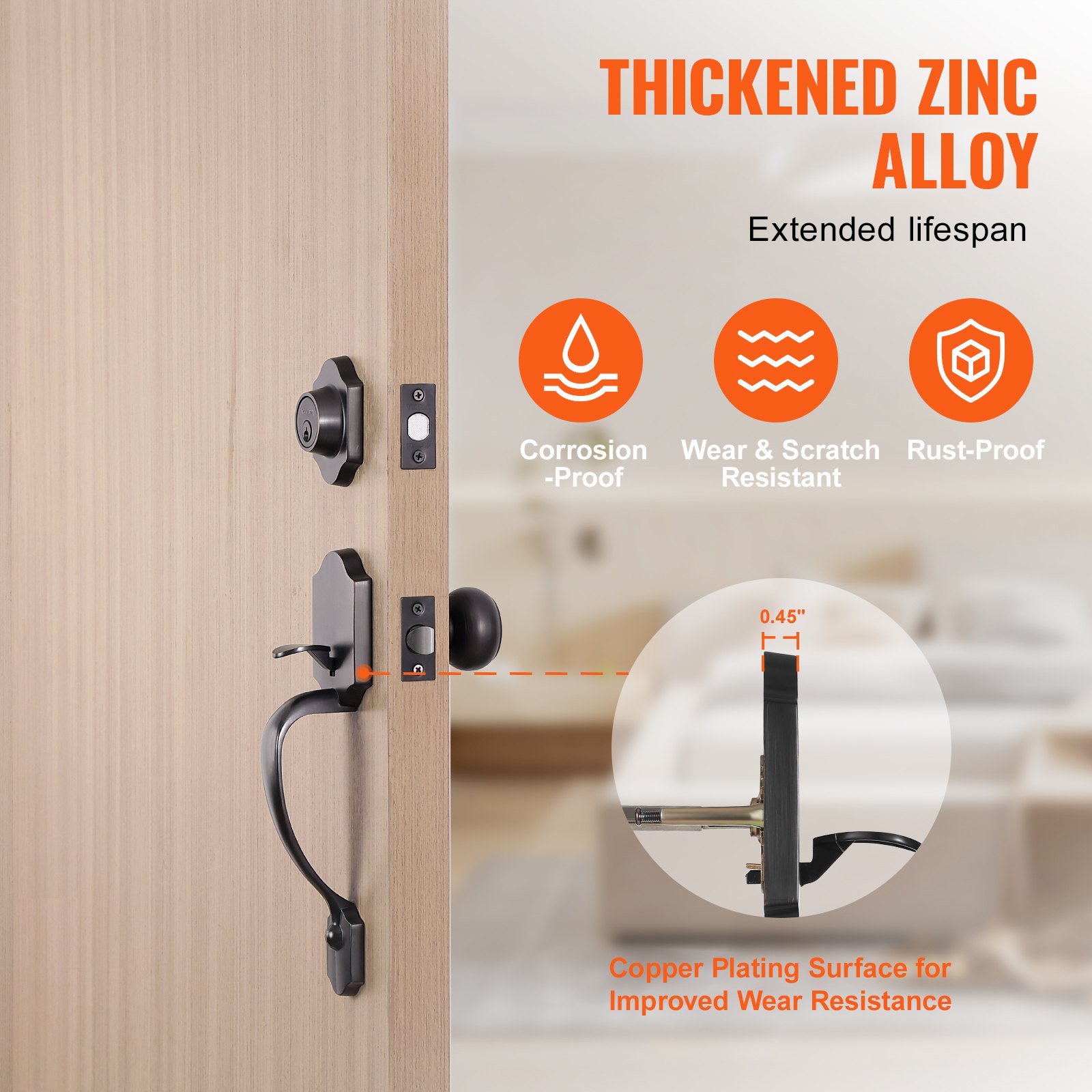 VEVOR Front Door Handle and Deadbolt Set, Front Door Lock Set with Interior Knob, Adjustable Hole Spacing Single Cylinder Handleset, for Right and Left Handed Entrance, Brushed Oil Rubbed Bronze