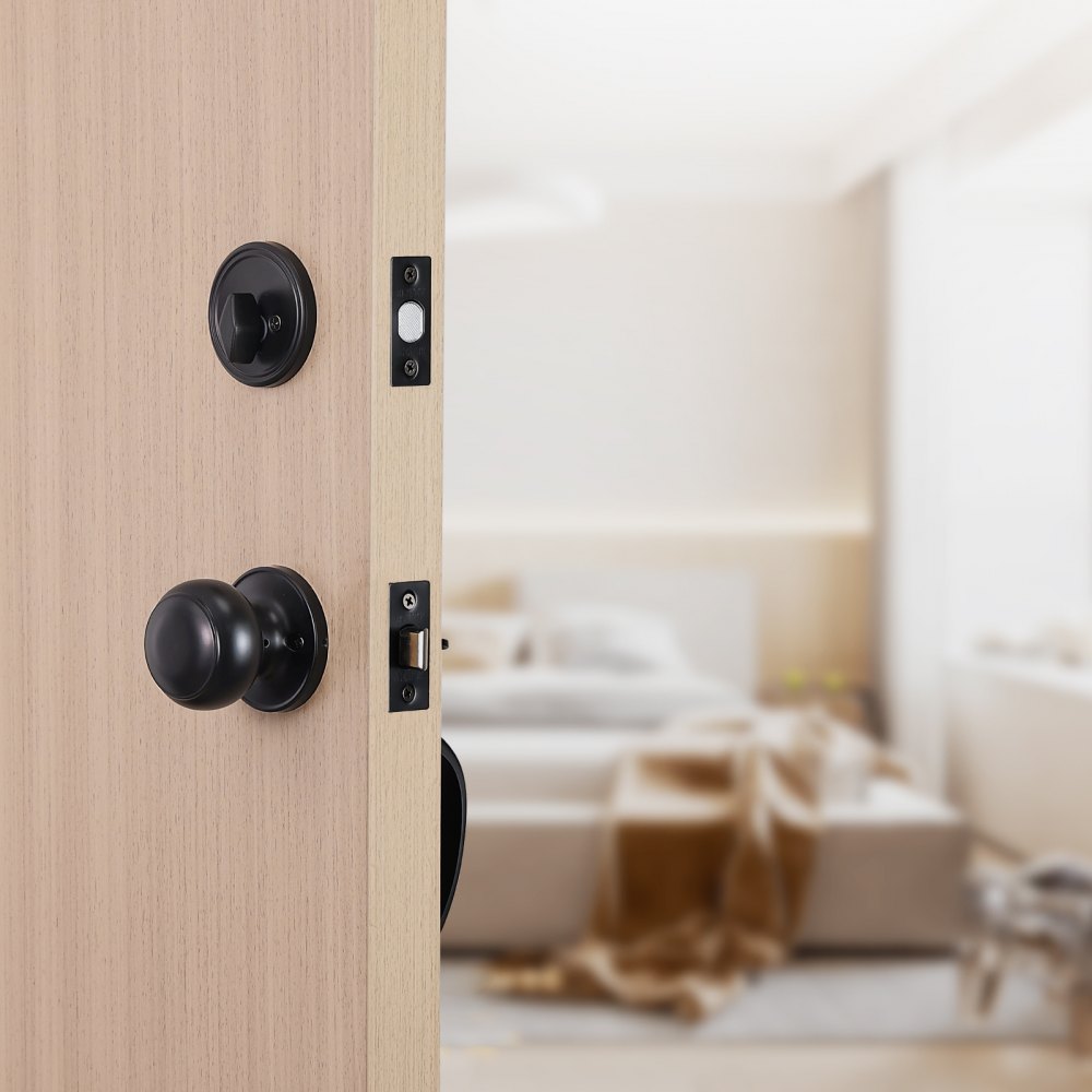 VEVOR Front Door Handle and Deadbolt Set, Matte Black Front Door Lock Set with Interior Knob,  Adjustable Hole Spacing Single Cylinder Handleset, for Right and Left Handed Entrance and Front Door