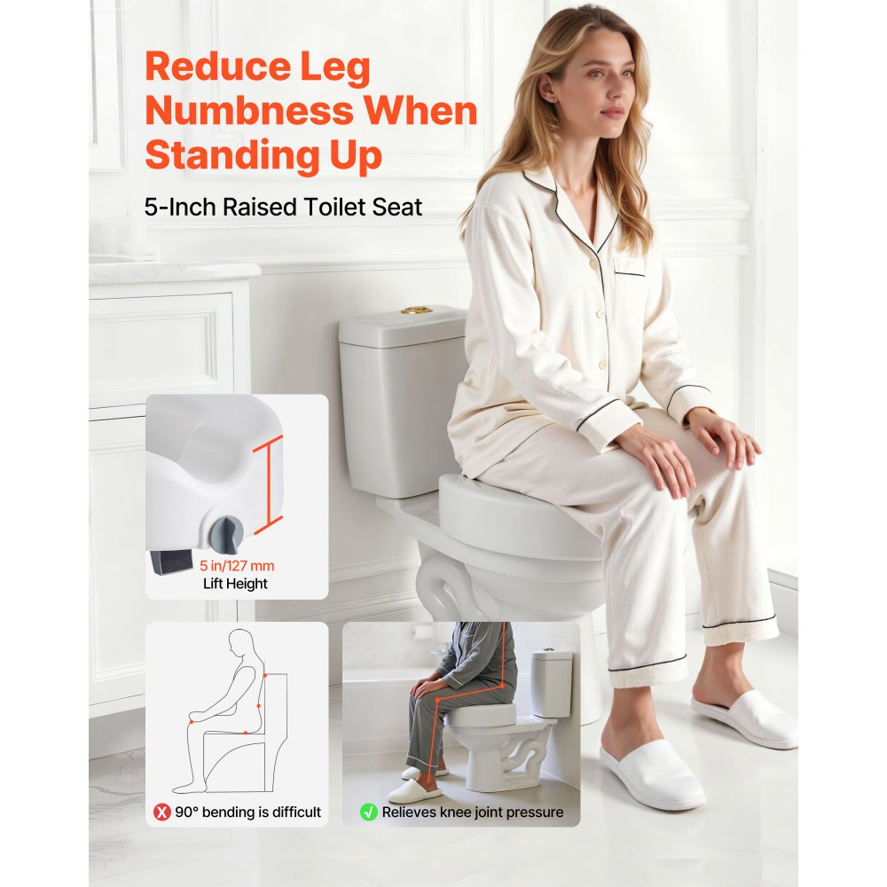 VEVOR Raised Toilet Seat, 350 lbs Capacity, 5-Inch Lift Height, Commode Elevated Toilet Seat Riser with Enlarged Opening for Seniors, Elderly, Handicap, Disabled, Adults, Fits Elongated & Round Bowl