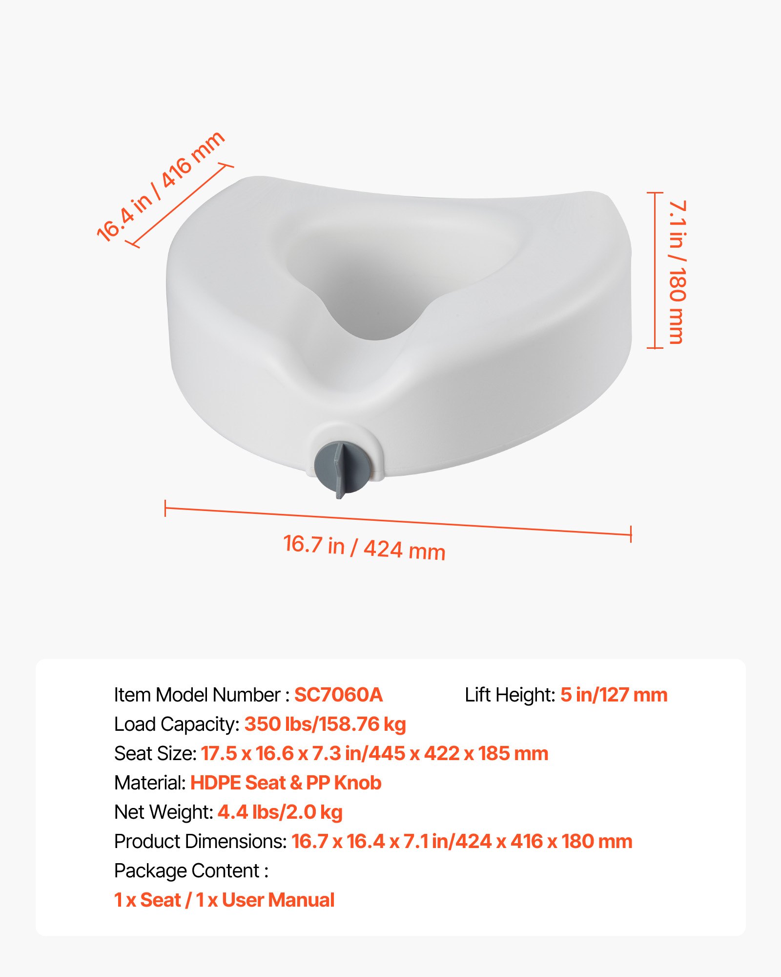 VEVOR Raised Toilet Seat, 158.8 kg Capacity, 127 mm Lift Height, Commode Elevated Toilet Seat Riser with Enlarged Opening for Seniors, Elderly, Handicap, Disabled, Adults, Fits Elongated & Round Bowl