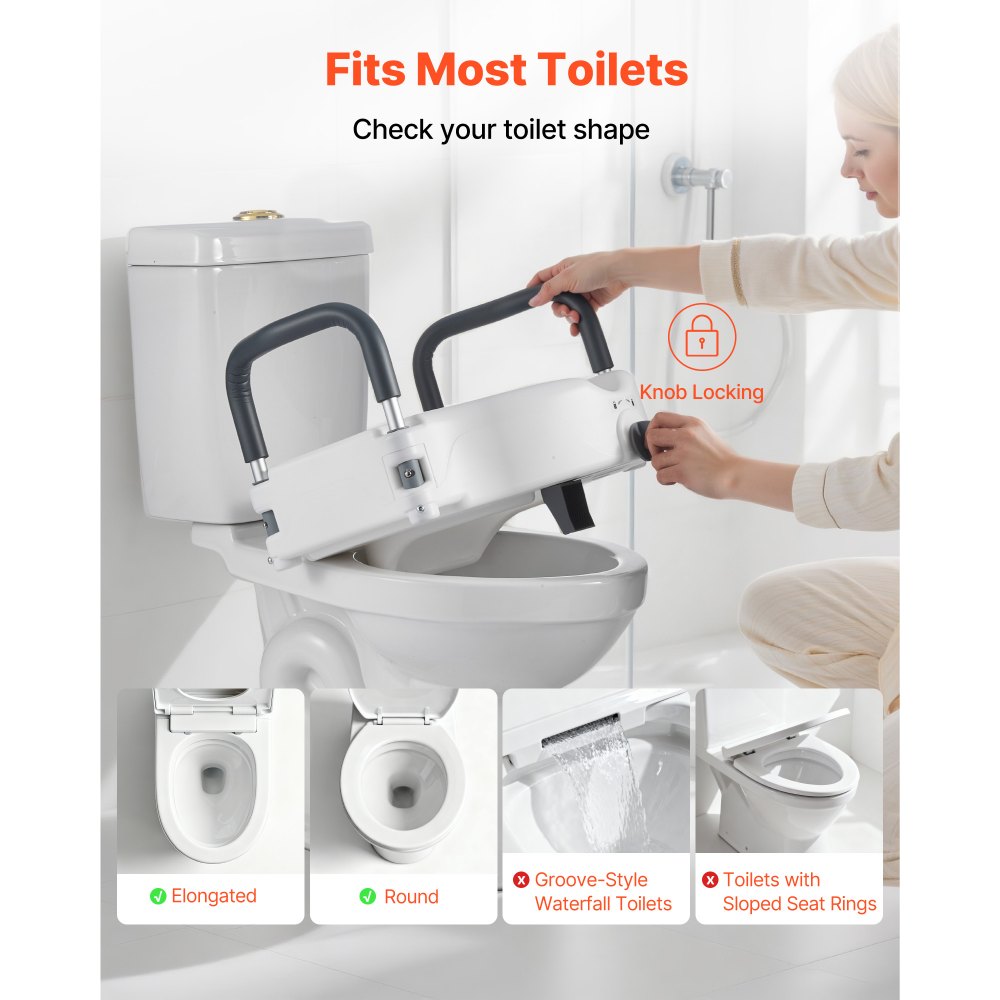 VEVOR Raised Toilet Seat with Arms, 136.1 kg Load Capacity, 127 mm Lift Height, Widened Commode Elevated Toilet Seat Riser with Padded Handles for Seniors, Elderly, Handicap, Disabled, and Adults Use