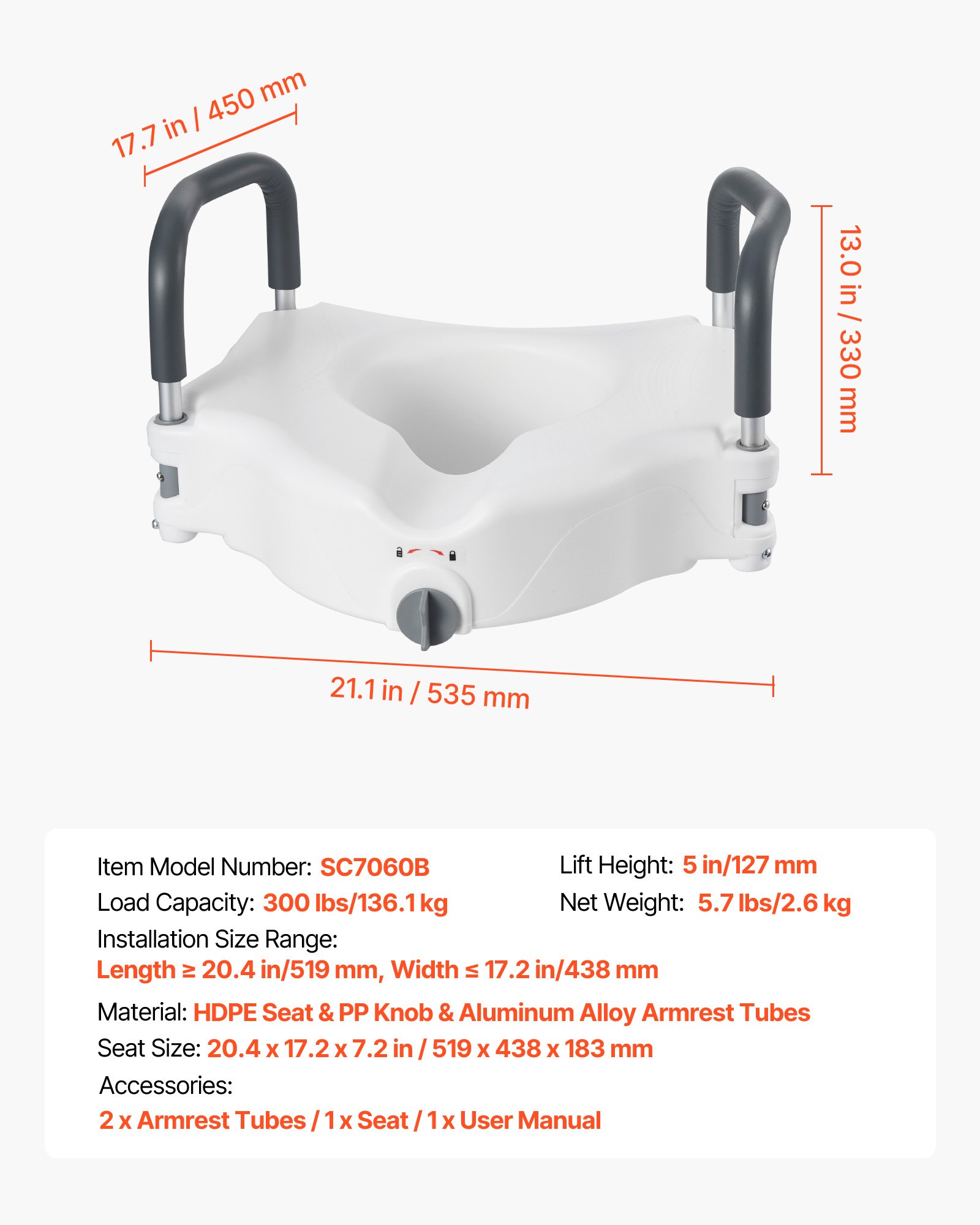 VEVOR Raised Toilet Seat with Arms, 136.1 kg Load Capacity, 127 mm Lift Height, Widened Commode Elevated Toilet Seat Riser with Padded Handles for Seniors, Elderly, Handicap, Disabled, and Adults Use