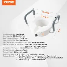 VEVOR Raised Toilet Seat, 5" Height Raised, 350 lbs Weight Capacity, for Round and Elongated Toilet, Twist Lock Installation,19.1" - 21.7" Adjustable Width, for Elderly, Handicap, Patient, Pregnant, M
