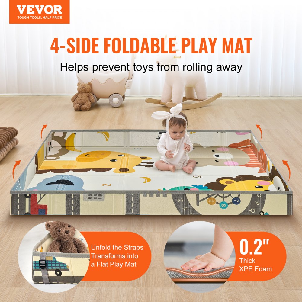 VEVOR Baby Play Mat, 59"x71" Baby Crawling Mat, Non-Slip One-Piece Foam Baby Playmat, Foldable Portable Reversible Floor Mat with Travel Bag, Waterproof Activity Playmats for Babies, Toddlers, Infants