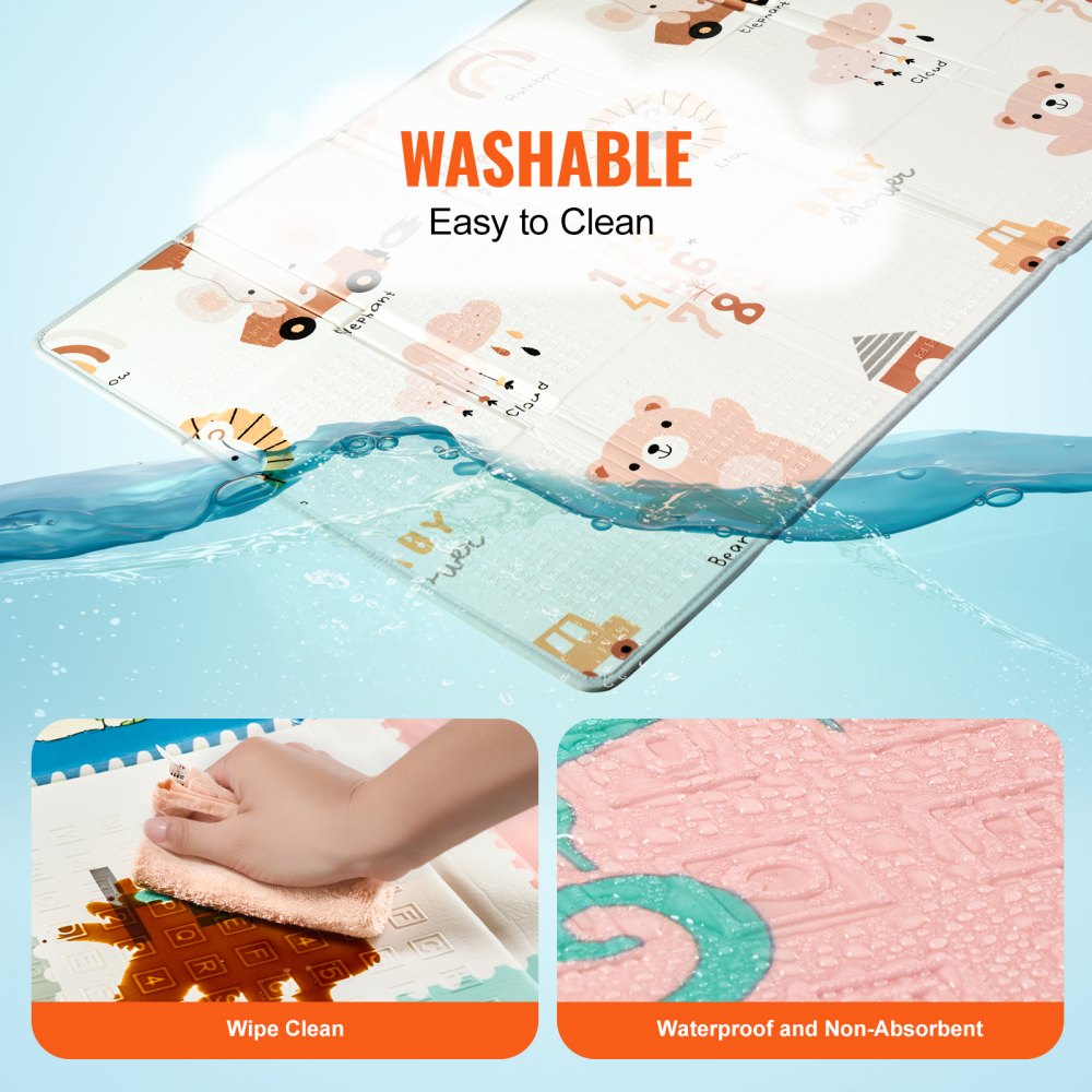 VEVOR Baby Play Mat, 51""x79"" Baby Crawling Mat, Non-Slip One-Piece Foam Baby Playmat, Foldable Portable Reversible Floor Mat with Travel Bag, Waterproof Activity Playmats for Babies, Toddlers, Infants