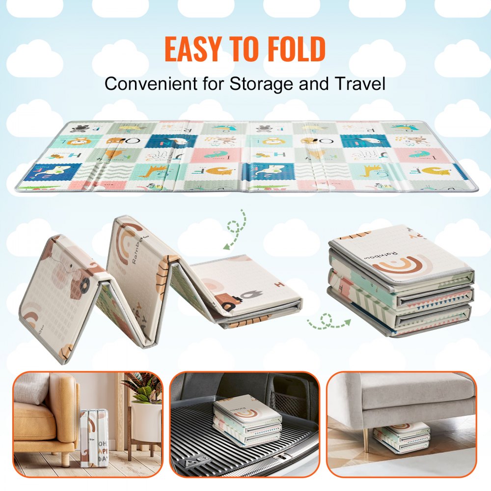 VEVOR Baby Play Mat, 51""x79"" Baby Crawling Mat, Non-Slip One-Piece Foam Baby Playmat, Foldable Portable Reversible Floor Mat with Travel Bag, Waterproof Activity Playmats for Babies, Toddlers, Infants