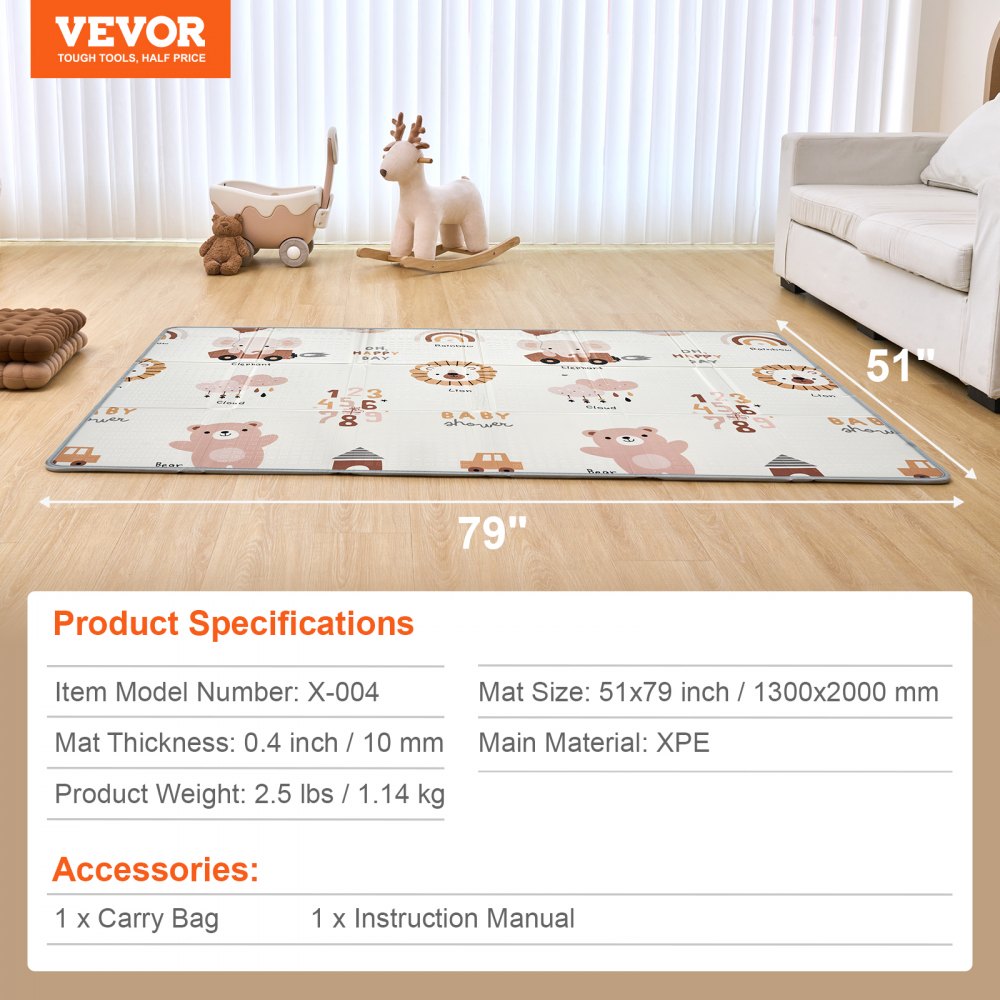 VEVOR Baby Play Mat, 51""x79"" Baby Crawling Mat, Non-Slip One-Piece Foam Baby Playmat, Foldable Portable Reversible Floor Mat with Travel Bag, Waterproof Activity Playmats for Babies, Toddlers, Infants