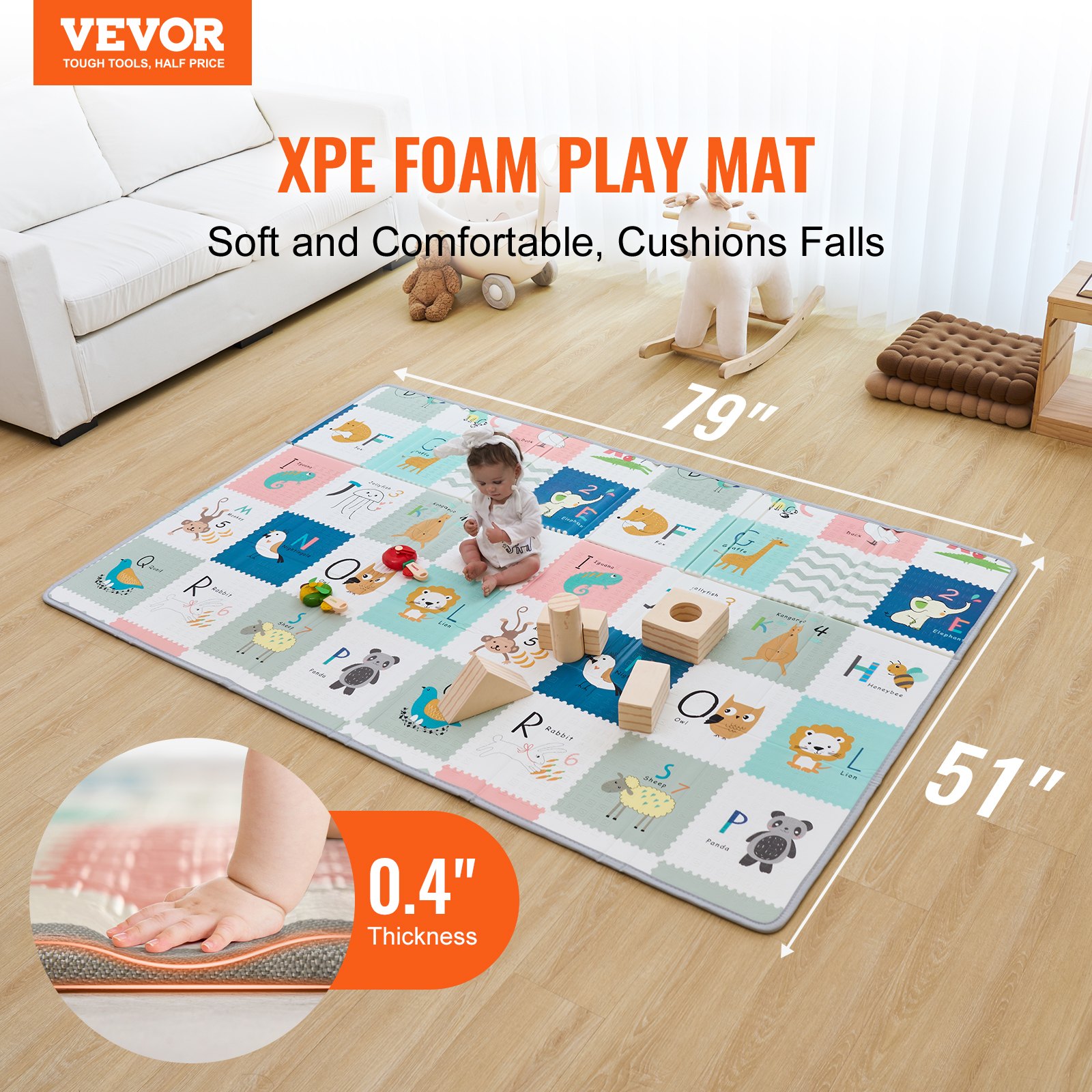 VEVOR Baby Play Mat, 51""x79"" Baby Crawling Mat, Non-Slip One-Piece Foam Baby Playmat, Foldable Portable Reversible Floor Mat with Travel Bag, Waterproof Activity Playmats for Babies, Toddlers, Infants