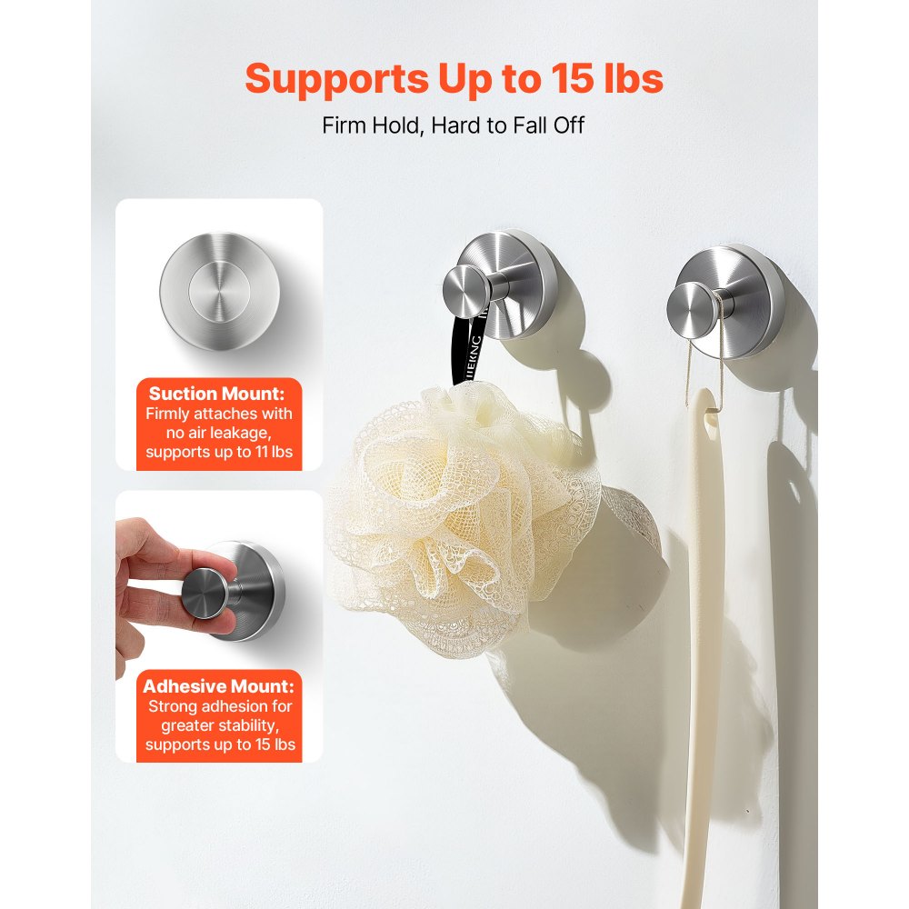 VEVOR Suction Cup Hooks for Shower, 2-Pack No Drill Stainless Steel Hooks, Suction Cup Shower Towel Hanging Hook, for Bathroom Wall, Kitchen, Glass, Mirror and Tile to Hang Towels, Robes & Loofah