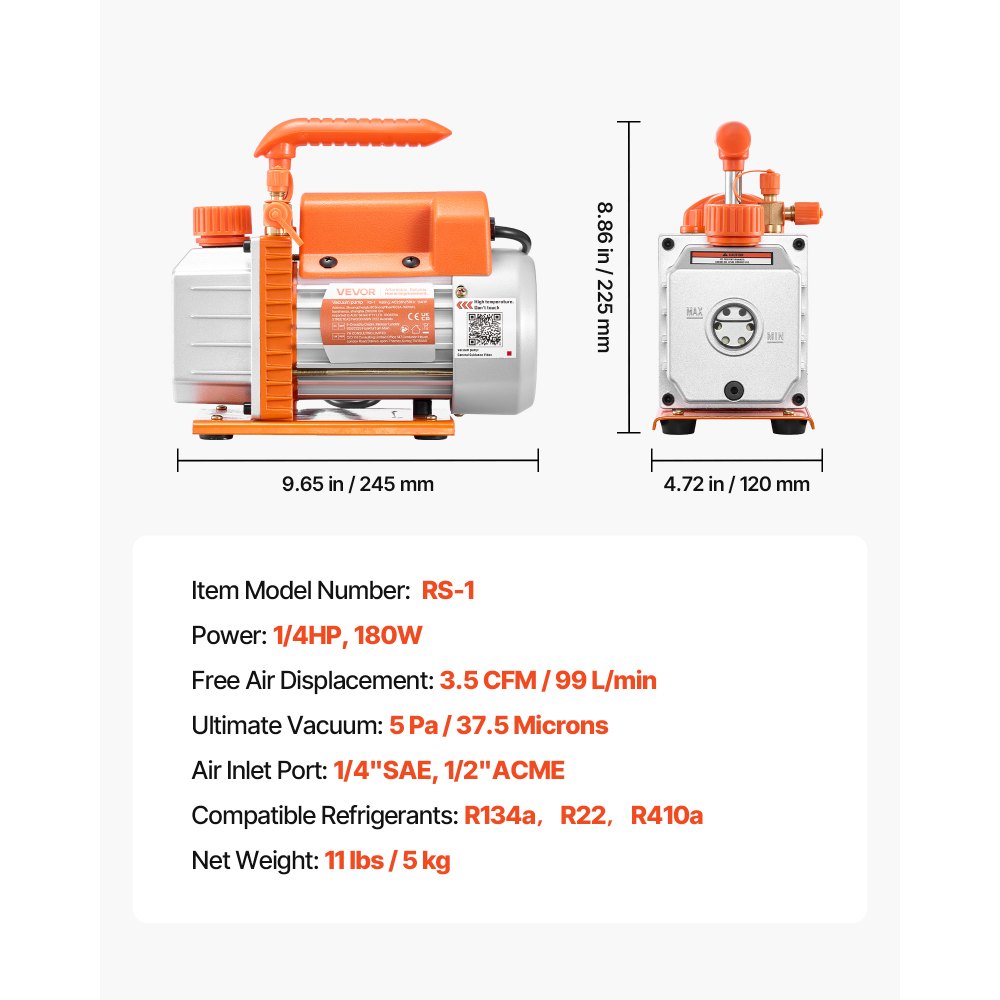 VEVOR Vacuum Pump, 3.5 CFM 99 L/min, HVAC Single Stage Rotary Vane AC Vacuum Pump, for R134a R22 R410a Systems, 4 Pole Motor, for Automotive Air Conditioner Maintenance Resin Degassing, Oil Included