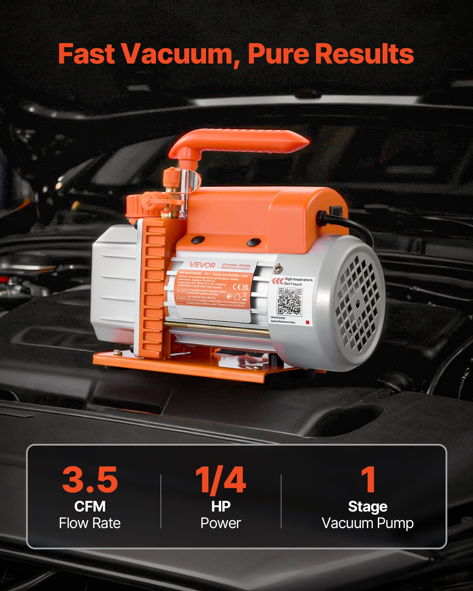 VEVOR Vacuum Pump, 3.5 CFM 99 L/min, HVAC Single Stage Rotary Vane AC Vacuum Pump, for R134a R22 R410a Systems, 4 Pole Motor, for Automotive Air Conditioner Maintenance Resin Degassing, Oil Included