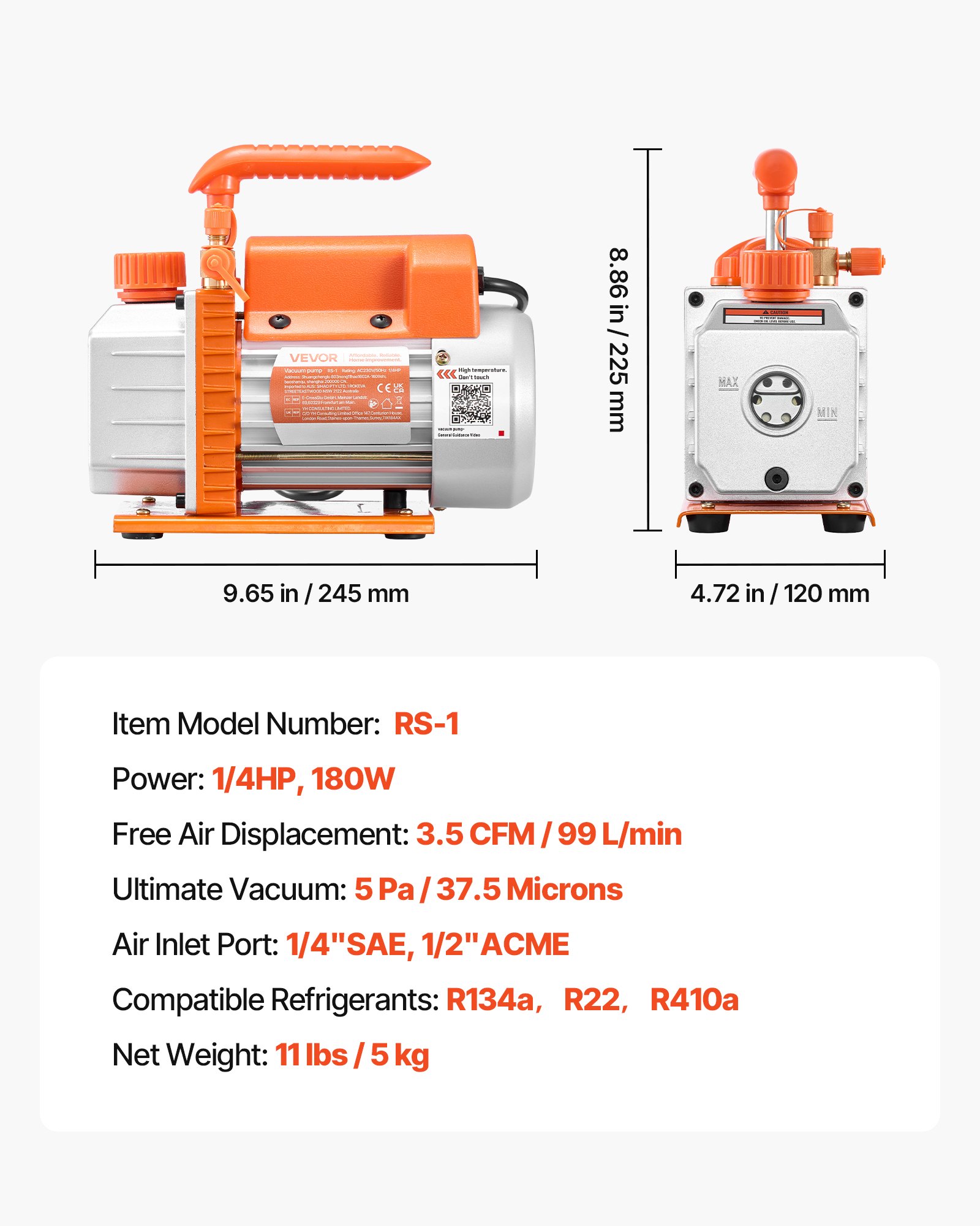 VEVOR Vacuum Pump, 3.5 CFM 99 L/min, HVAC Single Stage Rotary Vane AC Vacuum Pump, for R134a R22 R410a Systems, 4 Pole Motor, for Automotive Air Conditioner Maintenance Resin Degassing, Oil Included