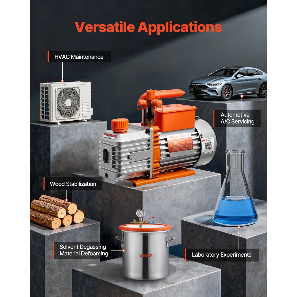VEVOR Vacuum Pump, 5 CFM 142 L/min, HVAC Two Stage Rotary Vane AC Vacuum Pump, for R134a R22 R410a Systems, 4 Pole Motor, for Automotive Air Conditioner Maintenance Resin Degassing, Oil Included