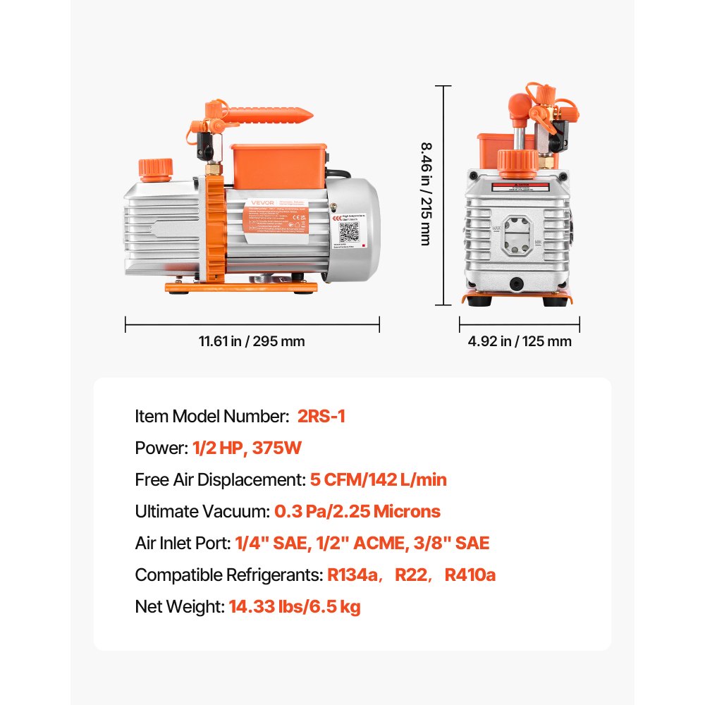 VEVOR Vacuum Pump, 5 CFM 142 L/min, HVAC Two Stage Rotary Vane AC Vacuum Pump, for R134a R22 R410a Systems, 4 Pole Motor, for Automotive Air Conditioner Maintenance Resin Degassing, Oil Included